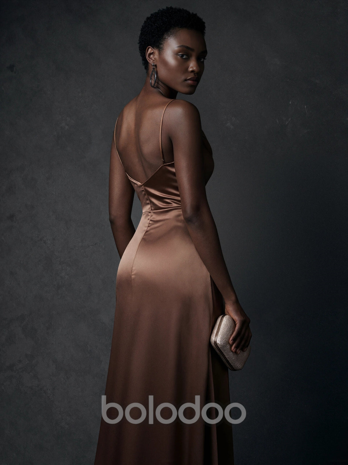 BOLODOO Chocolate Brown Satin Cowl Neck Spaghetti Strap Side-Tie Slit Maxi Dress maxi dress | BOLODOO watermark