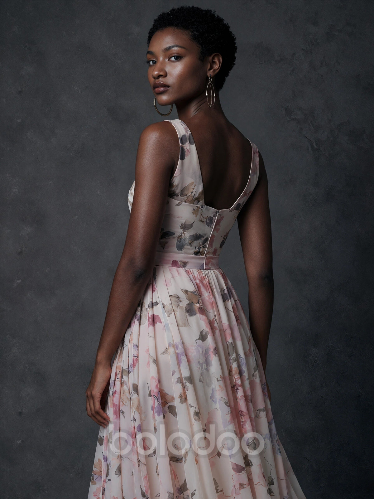 BOLODOO Blush Floral Chiffon V-Neck Wrap Ruched Backless Maxi Dress maxi dress | BOLODOO watermark