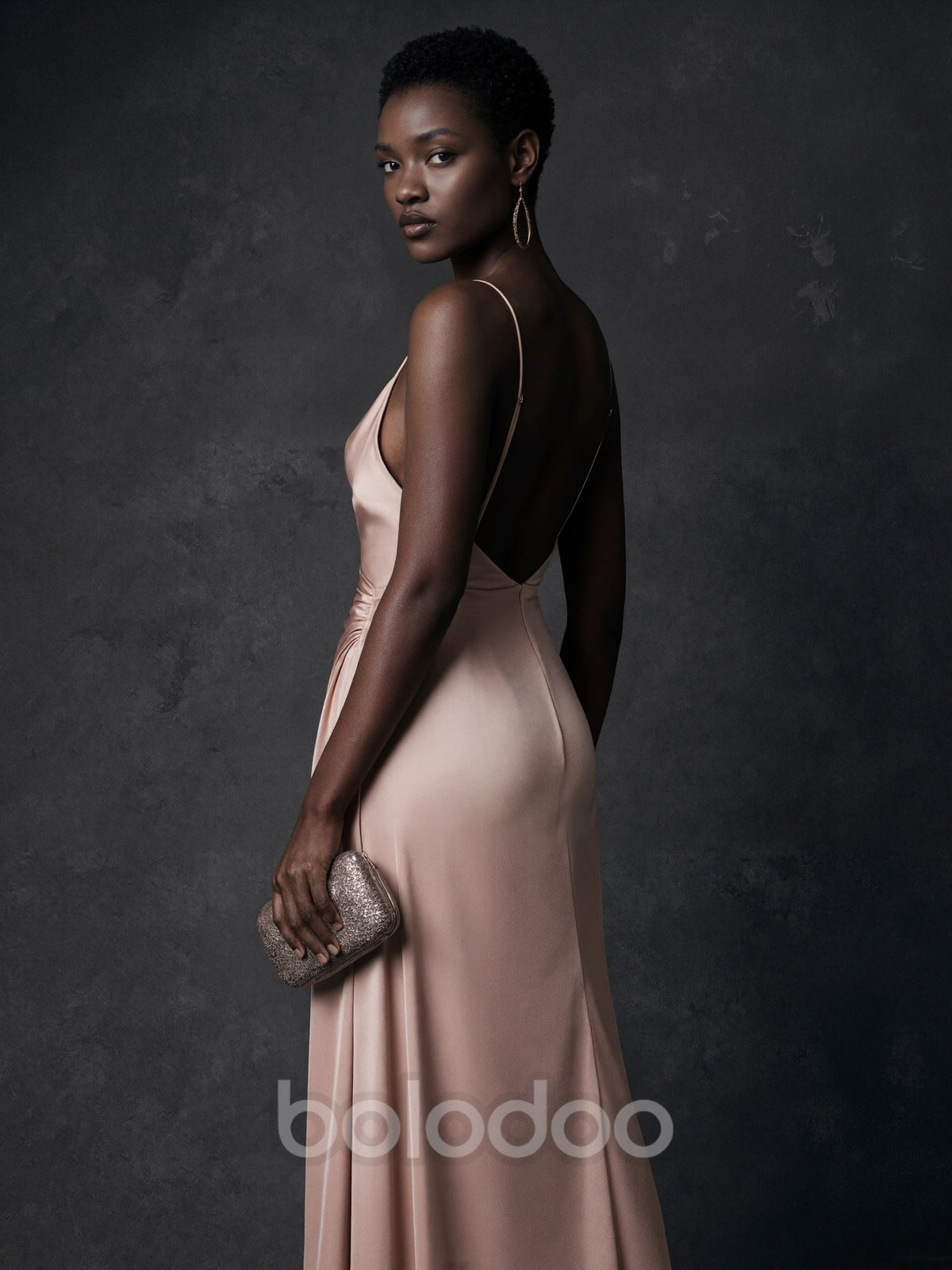 BOLODOO Nude Pink Satin Cowl Neck Spaghetti Strap Ruched Backless Maxi Dress maxi dress | BOLODOO watermark