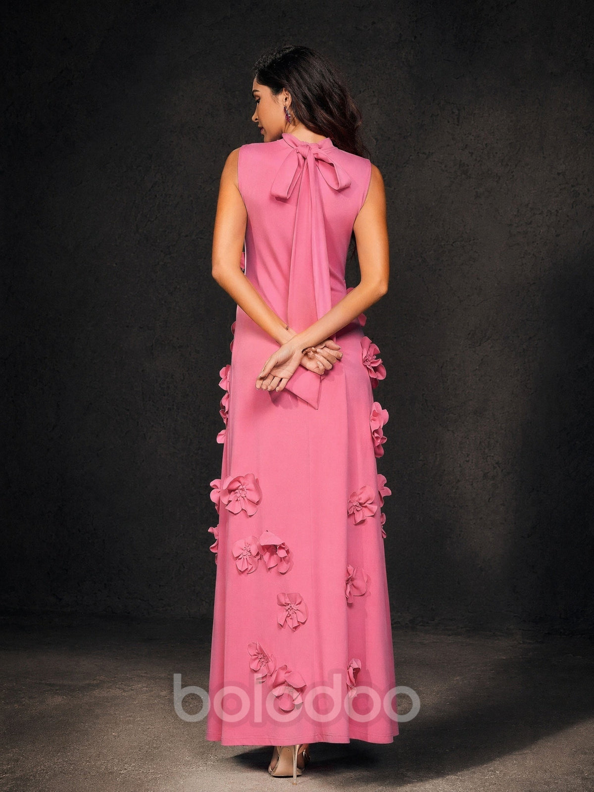 BOLODOO Pink Mock Neck Sleeveless 3D Floral Appliqué Maxi Dress with Bow Back maxi dress | BOLODOO watermark