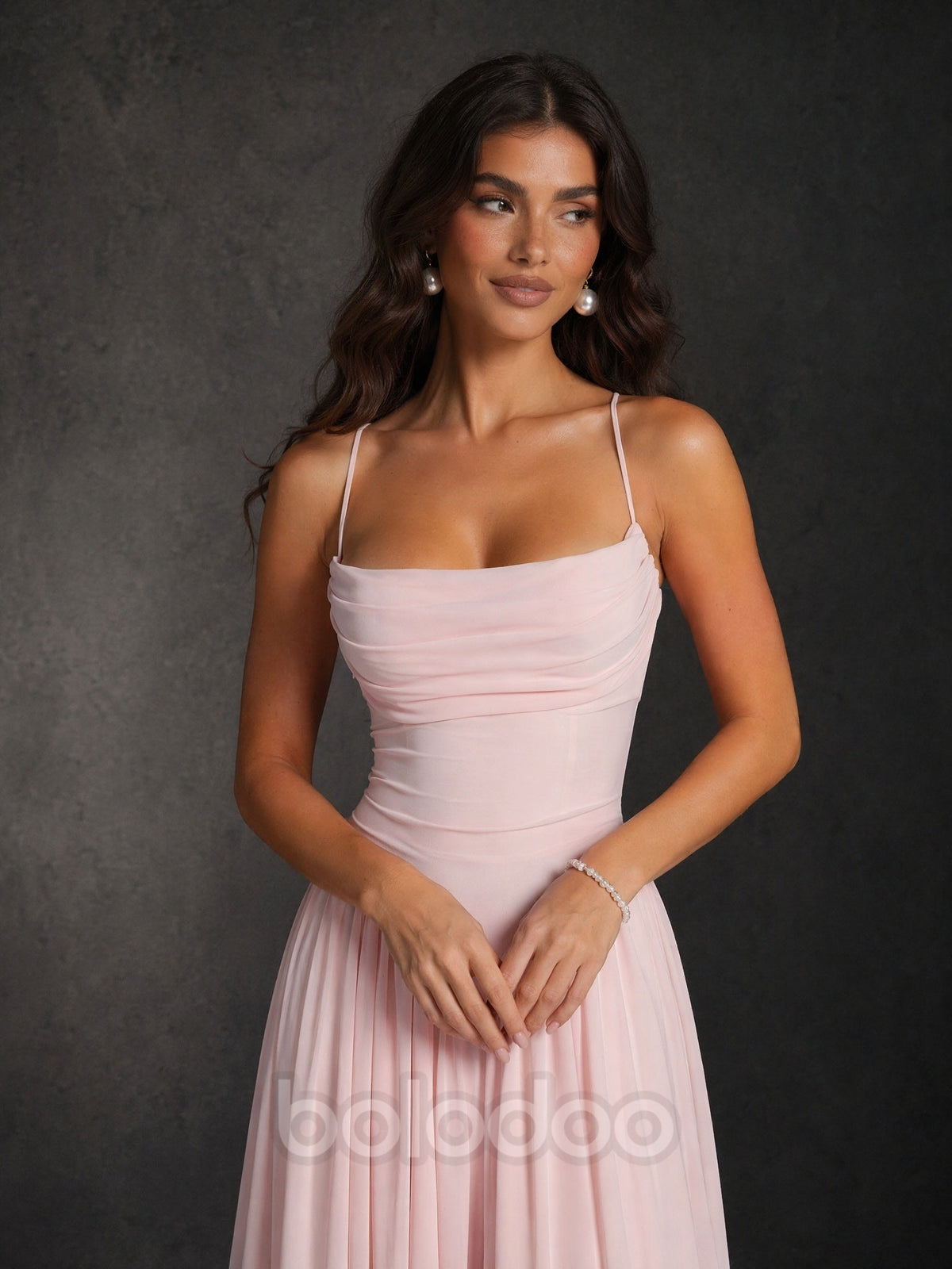 BOLODOO Blush Pink Spaghetti Strap Square Neck Ruched Chiffon Maxi Dress with Lace-Up Back maxi dress | BOLODOO watermark