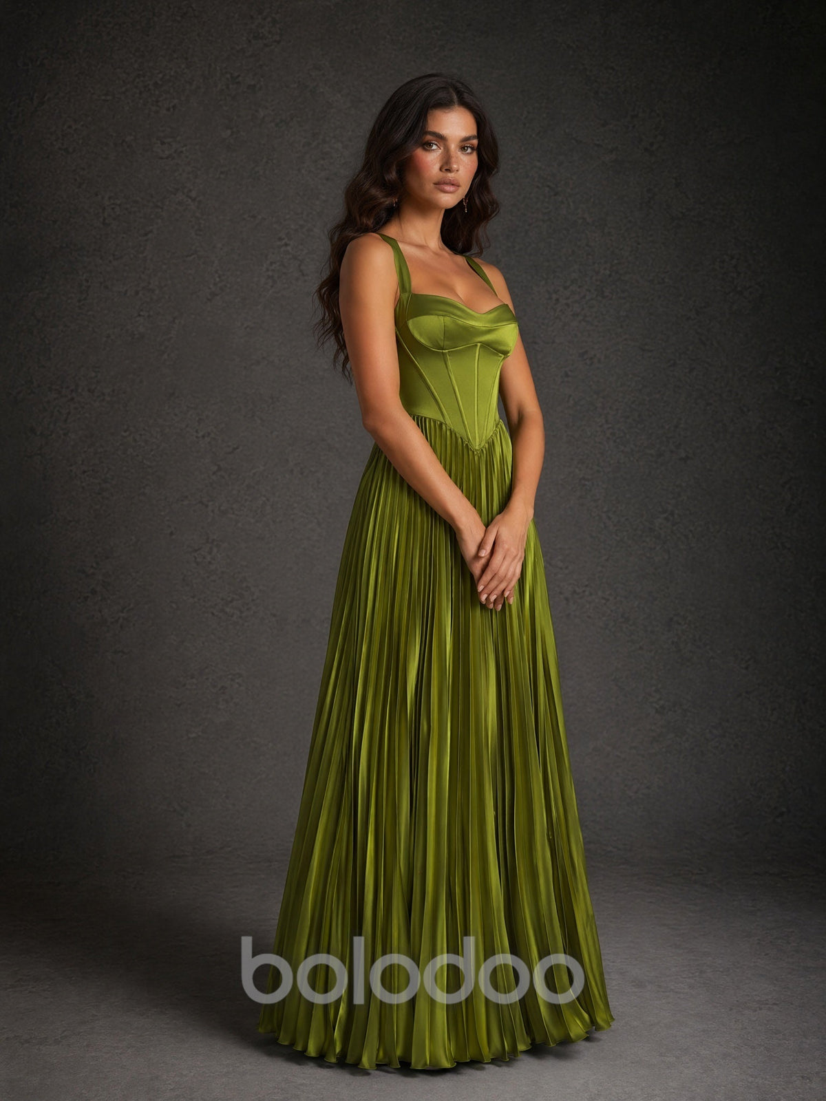 BOLODOO Olive Green Wide Strap Sweetheart Satin Boned Corset Pleated Maxi Dress with Lace-Up Back maxi dress | BOLODOO watermark