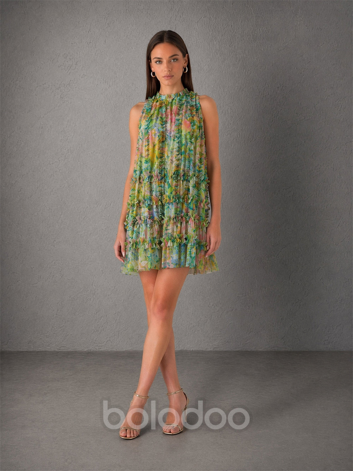 BOLODOO green floral chiffon ruffle mini dress - back view showing high neck back and tiered ruffle hem | BOLODOO watermark