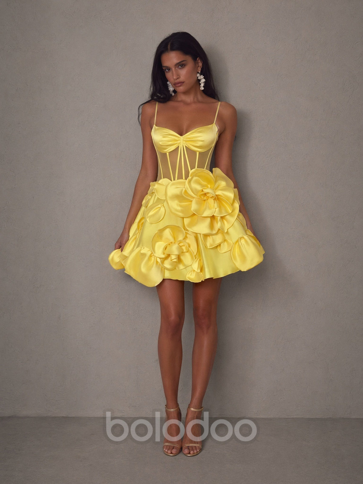 BOLODOO yellow 3D floral satin corset mini dress - front three-quarter full length side pose | BOLODOO watermark