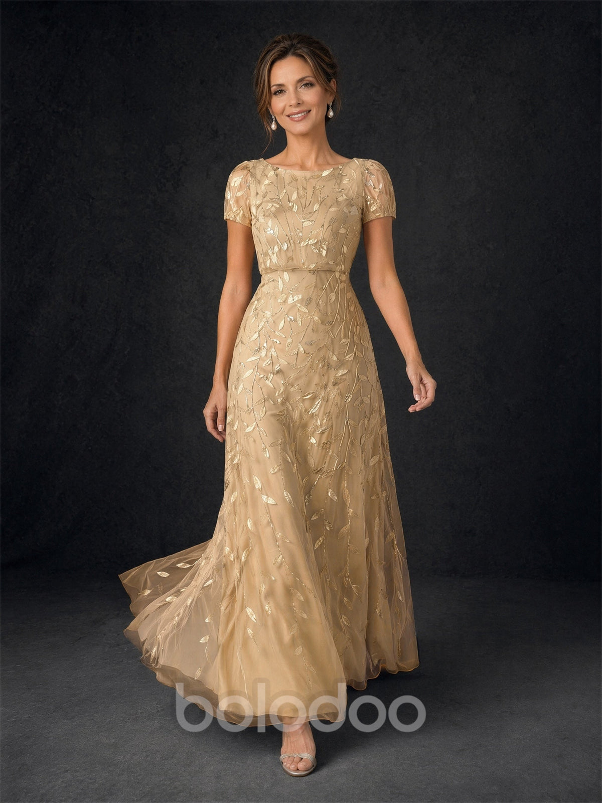 BOLODOO Champagne Gold Leaf Embroidered A-Line Formal Gown with Cap Sleeves | BOLODOO watermark