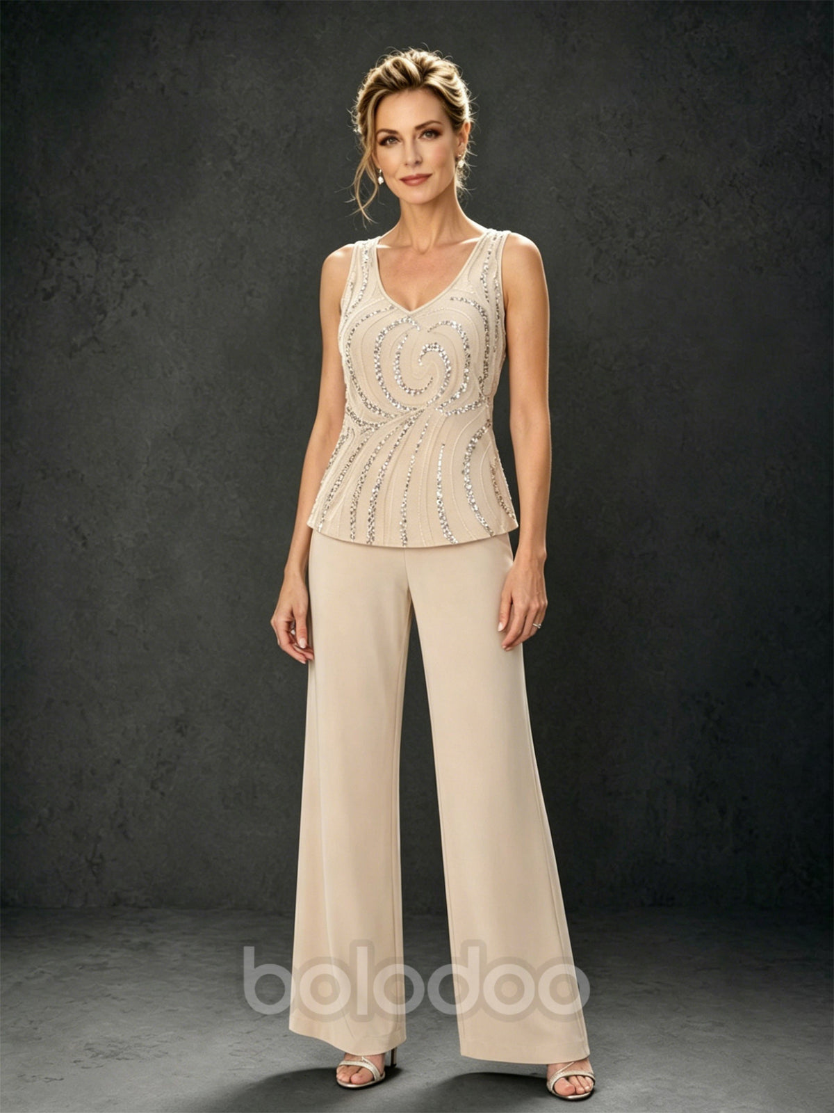 BOLODOO Champagne 3-Piece Mother of the Bride Pant Suit with Beaded Top & Chiffon Jacket | BOLODOO watermark