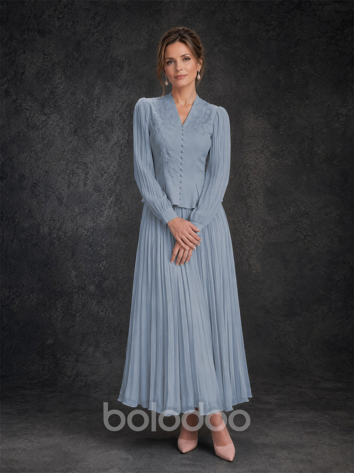 BOLODOO Dusty Blue Lace Embroidered V-Neck Lantern Sleeve Peplum Pleated Maxi Dress - Front Full Length Hands Clasped | BOLODOO watermark