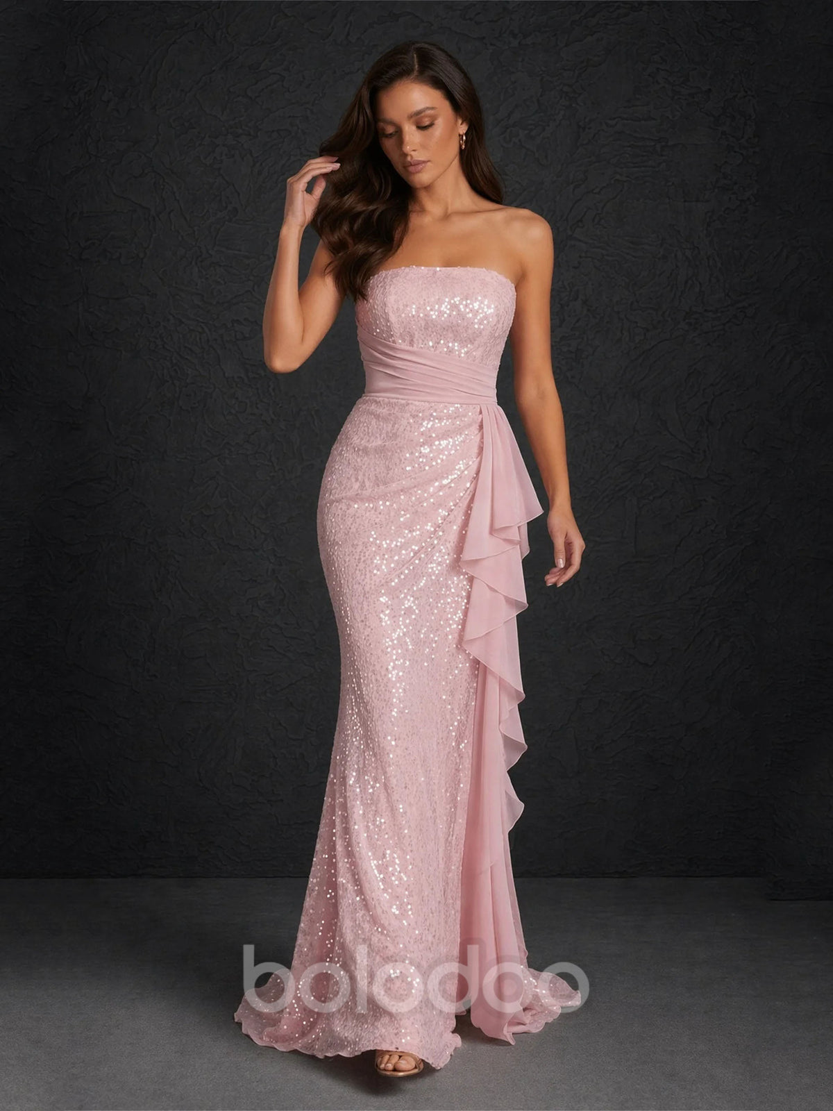 BOLODOO Blush Pink Sequin Strapless Mermaid Gown with Chiffon Ruffle Detail | BOLODOO watermark