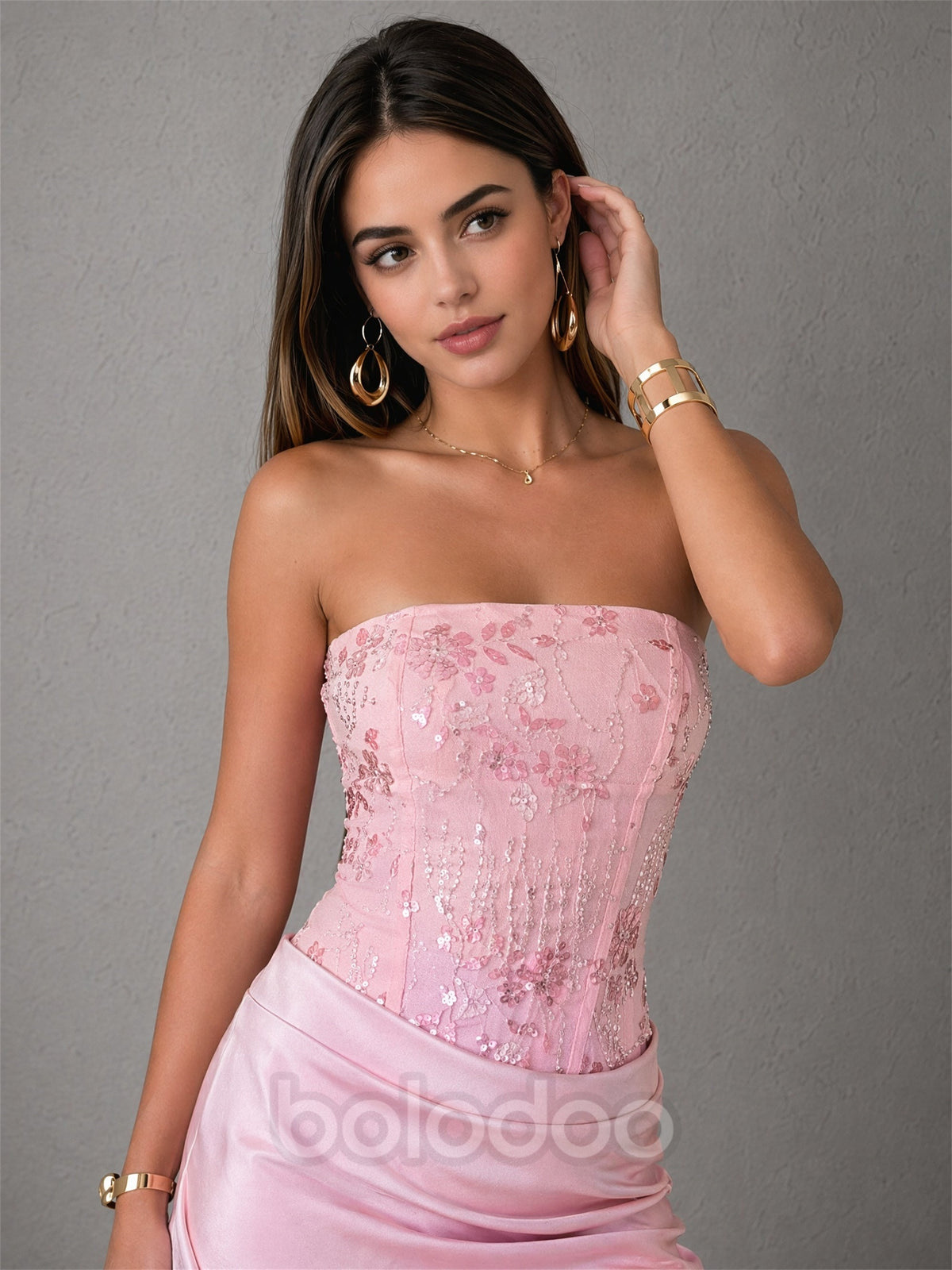 BOLODOO Pink Sequin Floral Corset Mini Dress – Strapless Lace-Up Back Satin Skirt | BOLODOO watermark