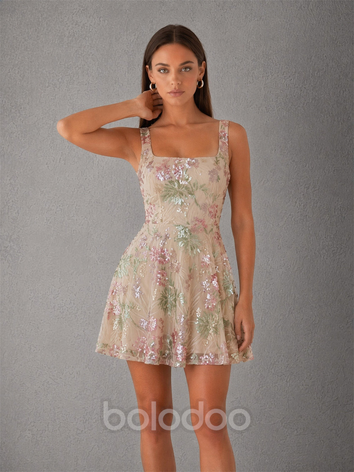 BOLODOO Champagne Floral Sequin Embroidered A-Line Mini Dress – Square Neck Wide Strap Open Back | BOLODOO watermark
