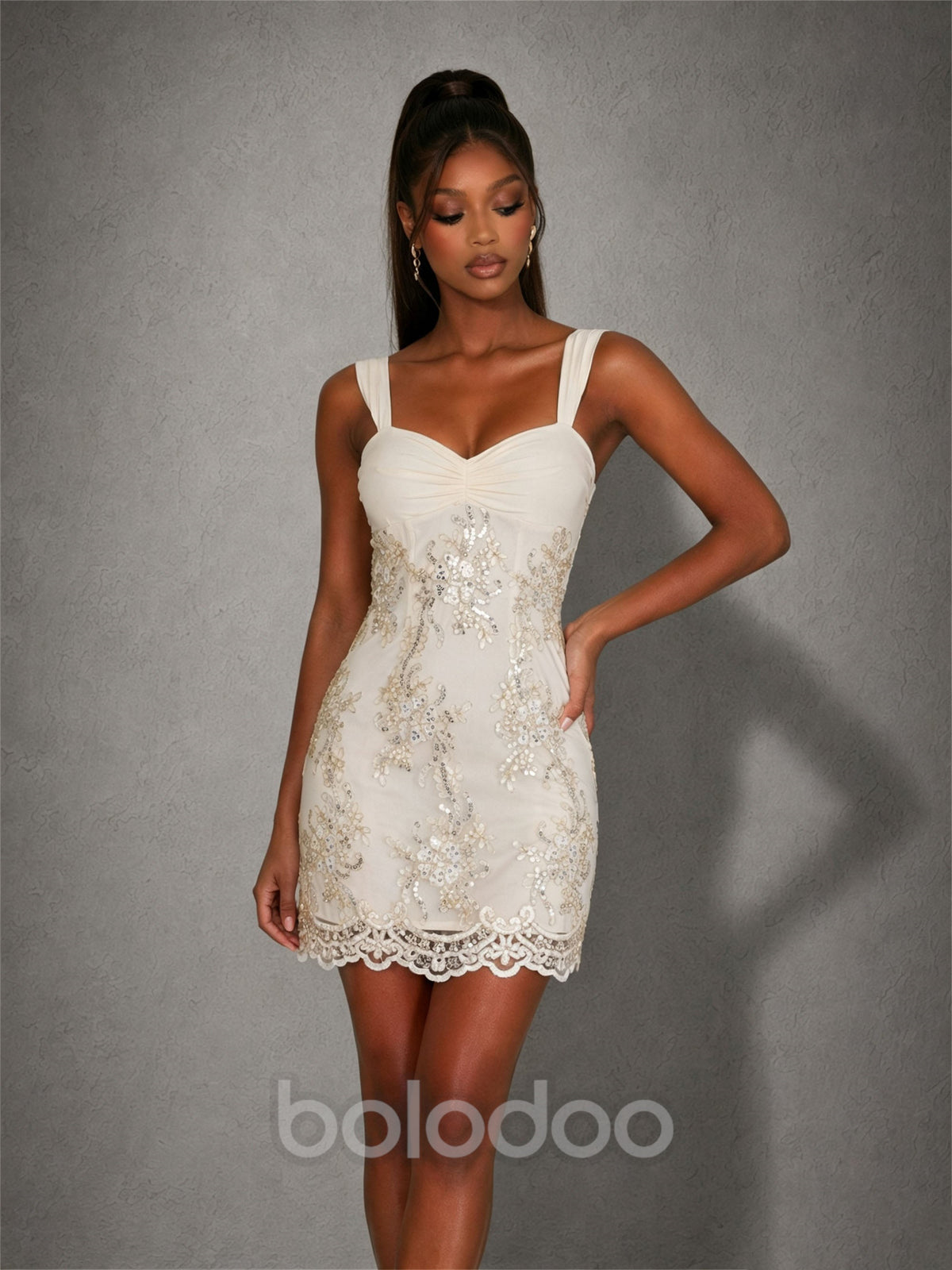 BOLODOO Ivory Floral Sequin Embroidered Bodycon Mini Dress – Sweetheart Wide Strap Scallop Lace Hem Low Back | BOLODOO watermark