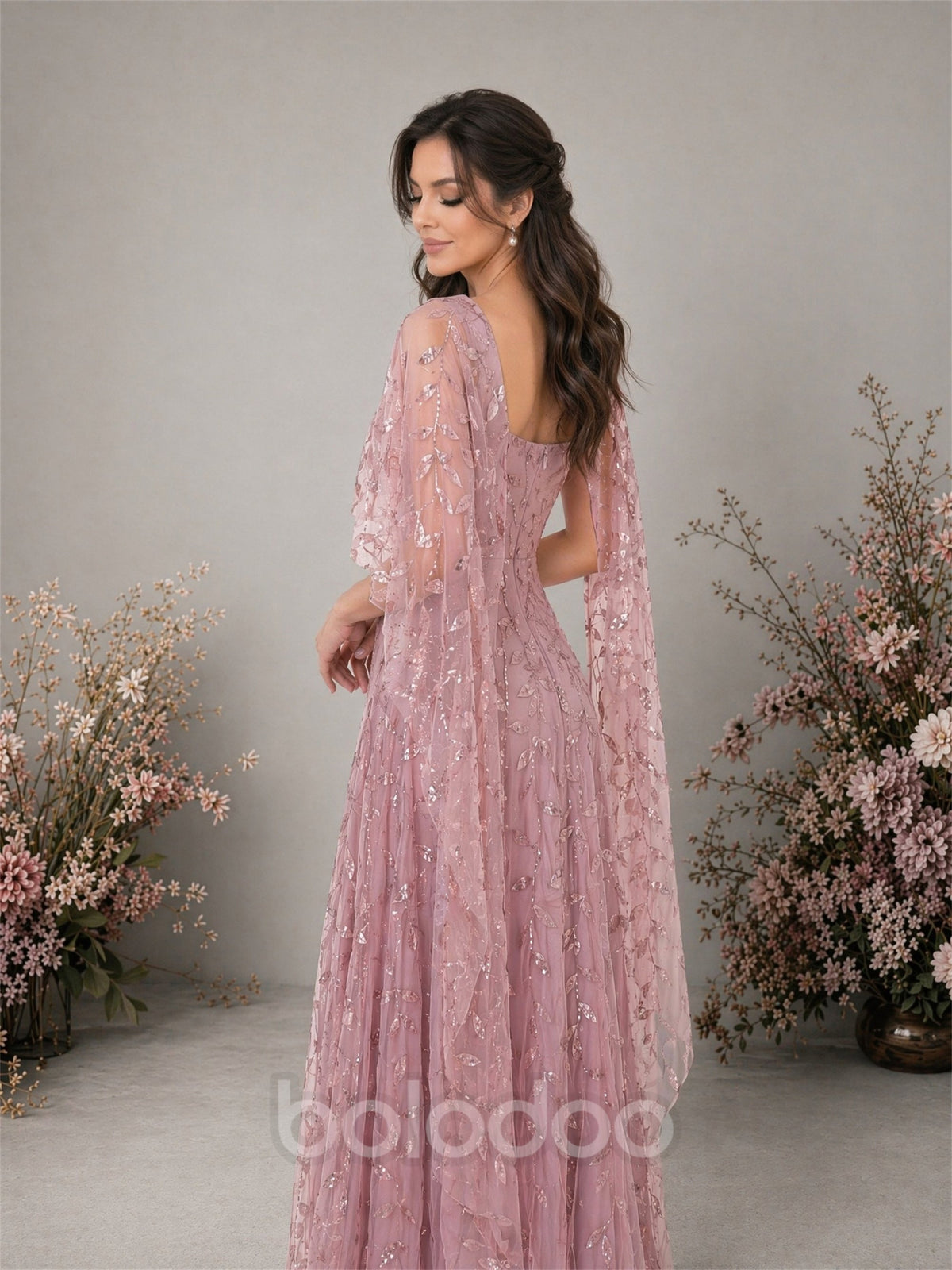 BOLODOO dusty rose sequin floral branch tulle mermaid gown with flutter cape sleeve – front full length view looking down | BOLODOO watermark