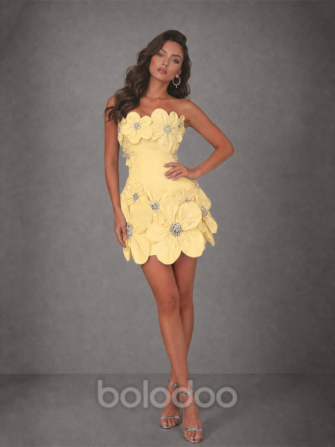 BOLODOO Light Yellow 3D Floral Strapless Mini Dress with Crystal Embellishments - view 5 | BOLODOO watermark