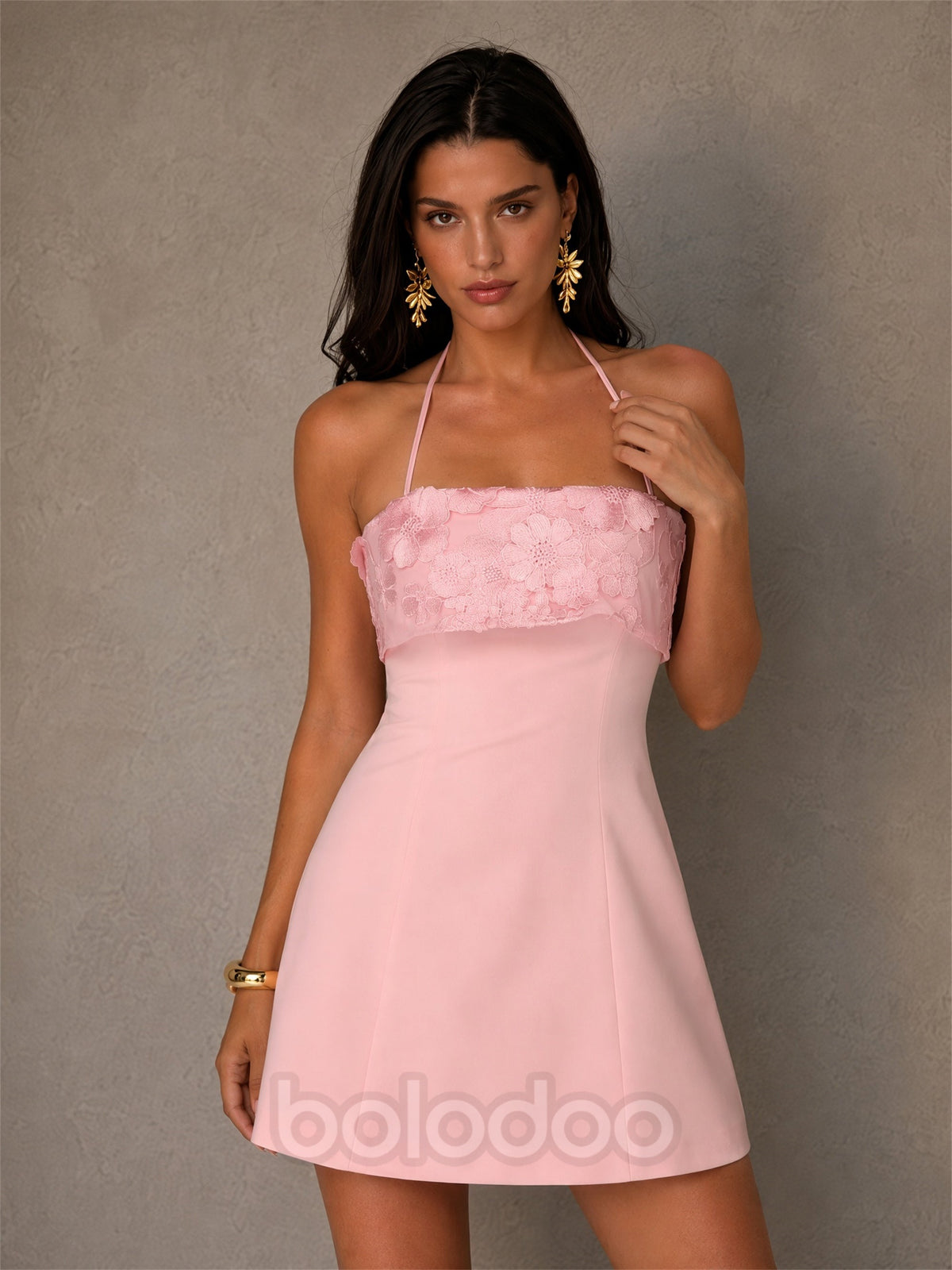 BOLODOO BD0496 Blush Pink 3D Floral Embroidered Halter Mini Dress - Back Open Back Full Length View with Gold Heels | BOLODOO watermark