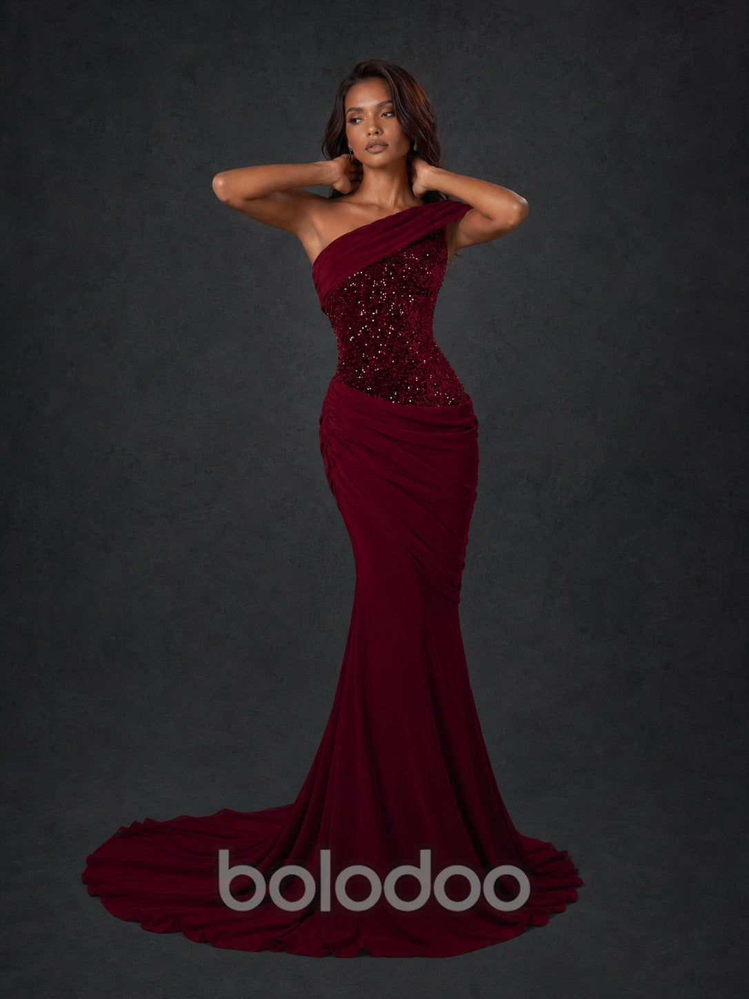 BOLODOO Burgundy One-Shoulder Sequin Embroidered Ruched Mermaid Gown with Train - view 5 | BOLODOO watermark