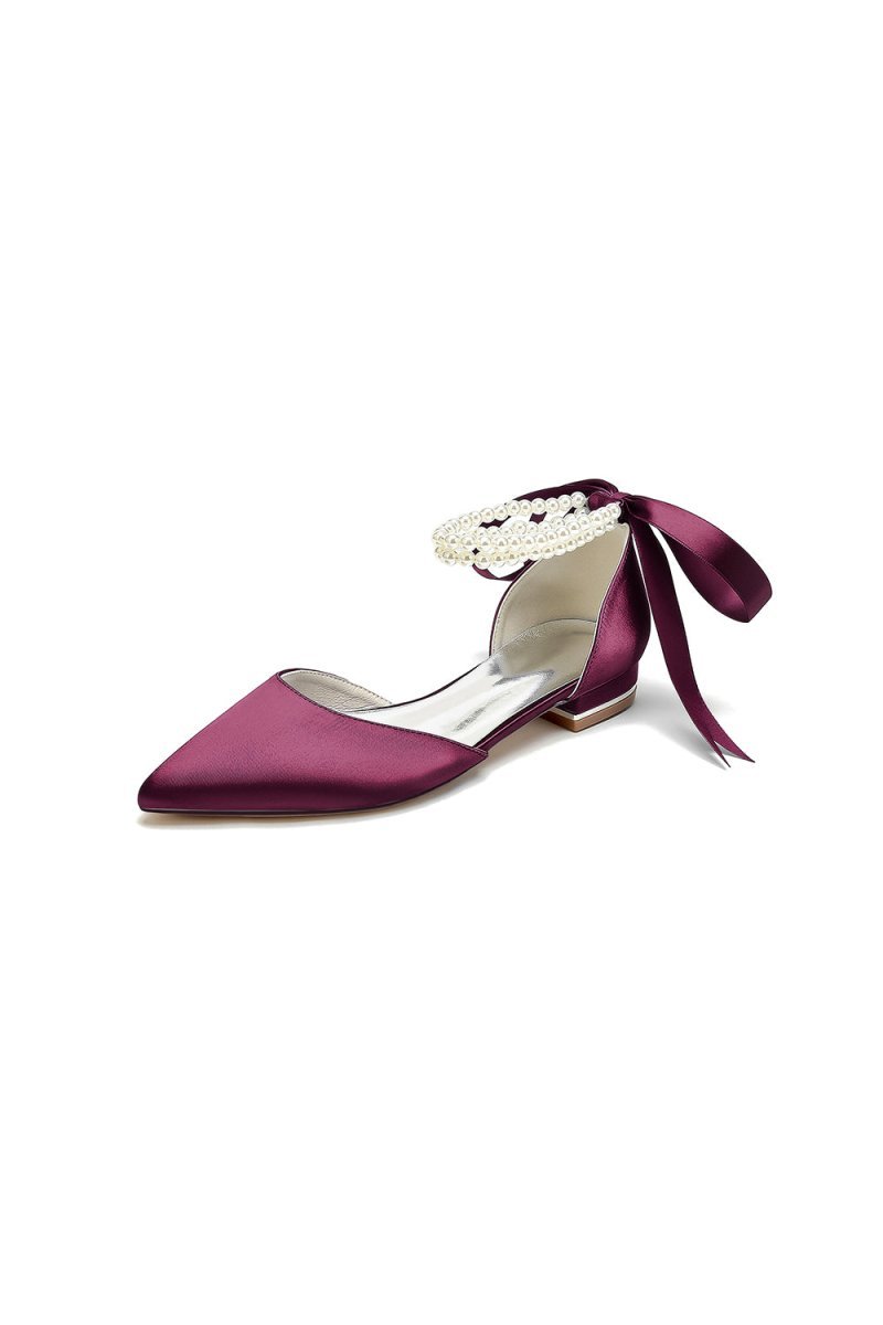 Pointed Toe Pearl Ribbon Ankle Strap Kitten Heels - BOLODOO