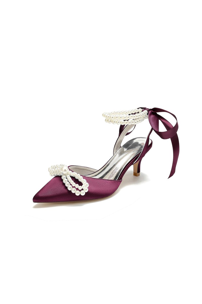 Pearl Ribbon Pointed Toe Ankle Strap High Heels - BOLODOO