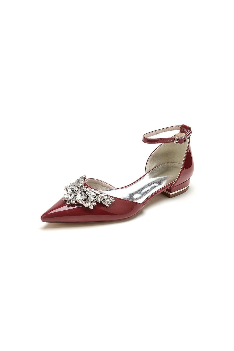 Pointed Toe Patent Leather Flats with Crystal Embellishment - BOLODOO