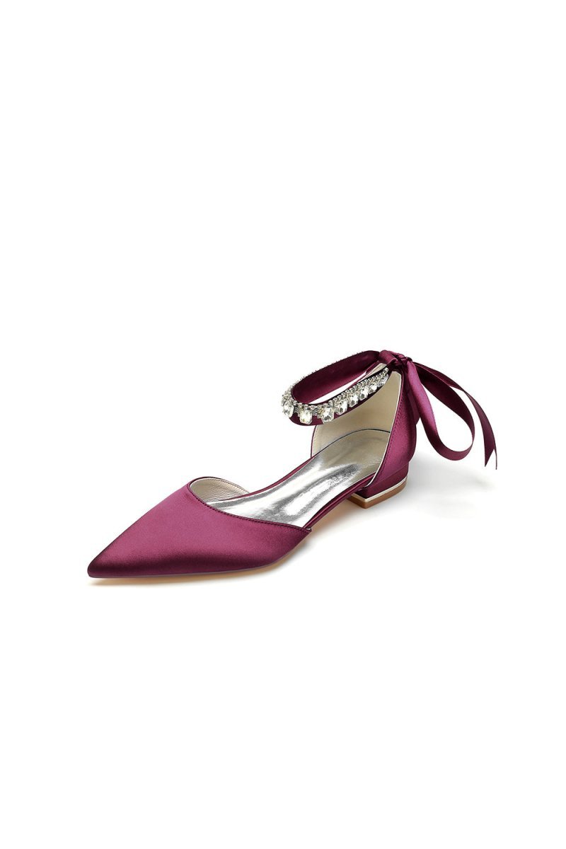 Rhinestone Ribbon Pointed Toe Ankle Strap Kitten Heels - BOLODOO