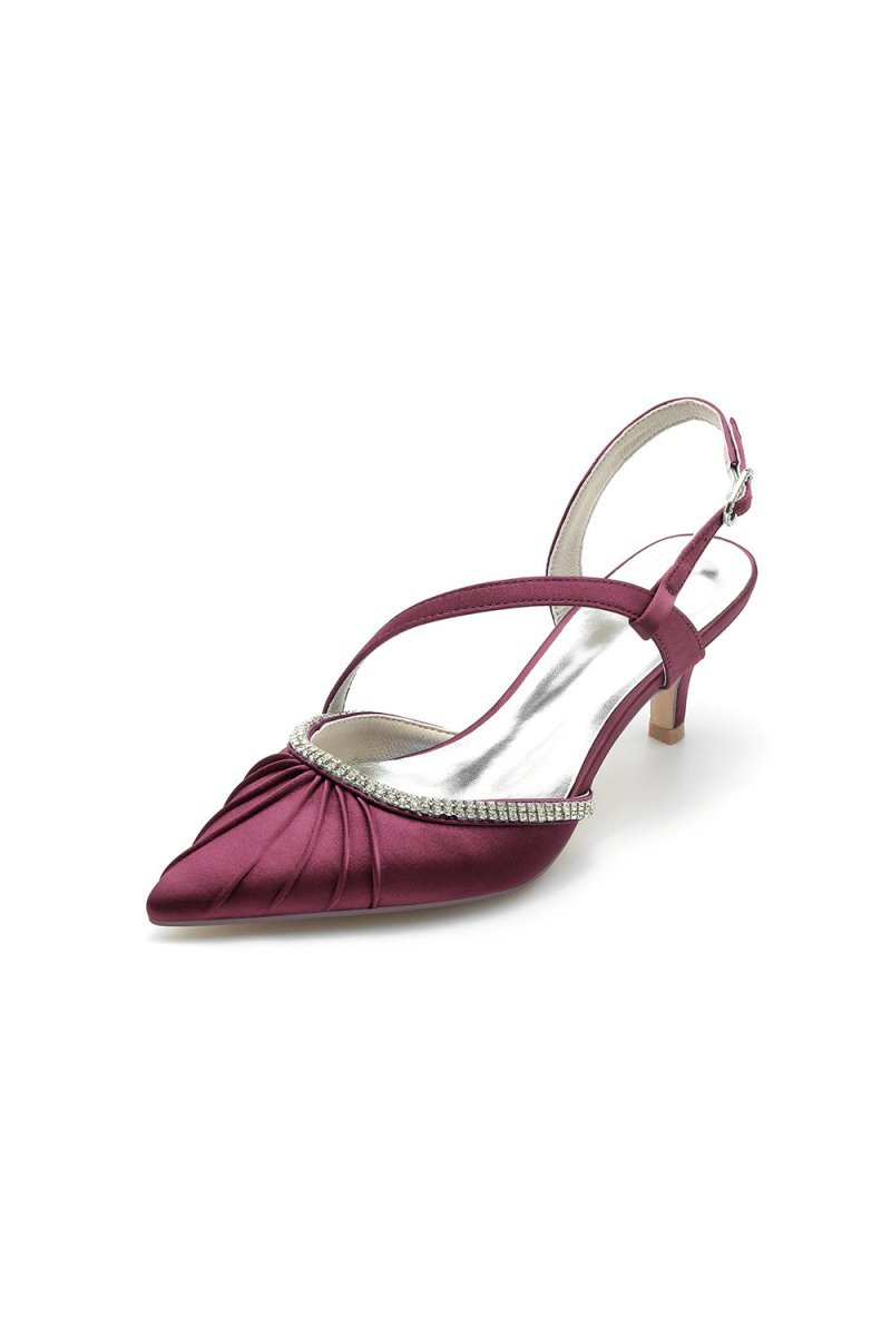 Satin Pointed Toe Slingback Heels with Rhinestone - BOLODOO
