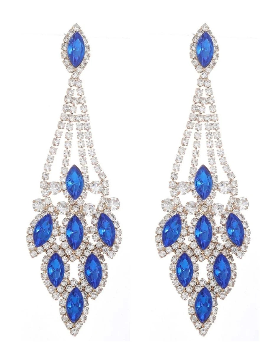 Blue Statement Rhinestones Tassel Long Earrings