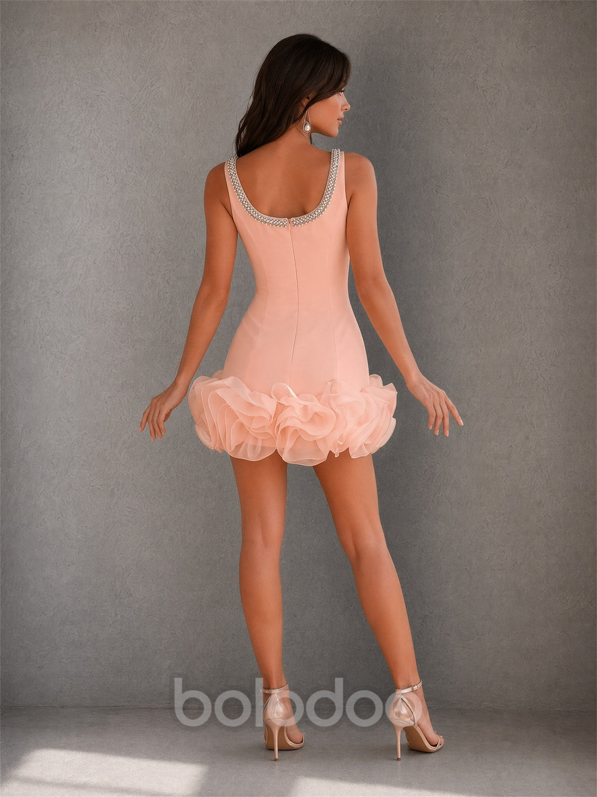 BOLODOO peach pink crystal pearl beaded scoop neck sleeveless organza ruffle hem mini dress – back full length view showing low U-back and beaded strap detail | BOLODOO watermark
