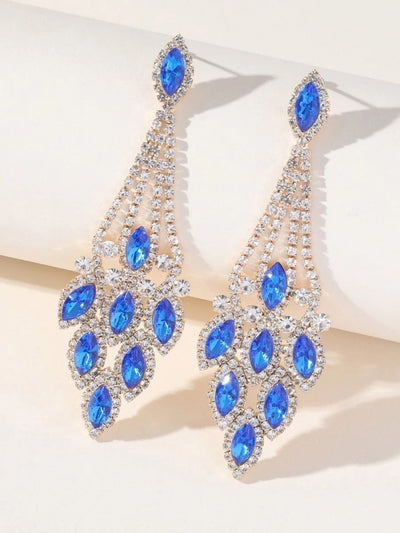 Blue Statement Rhinestones Tassel Long Earrings - BOLODOO