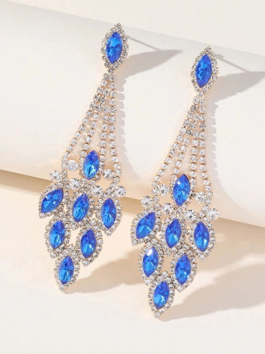 Blue Statement Rhinestones Tassel Long Earrings - BOLODOO