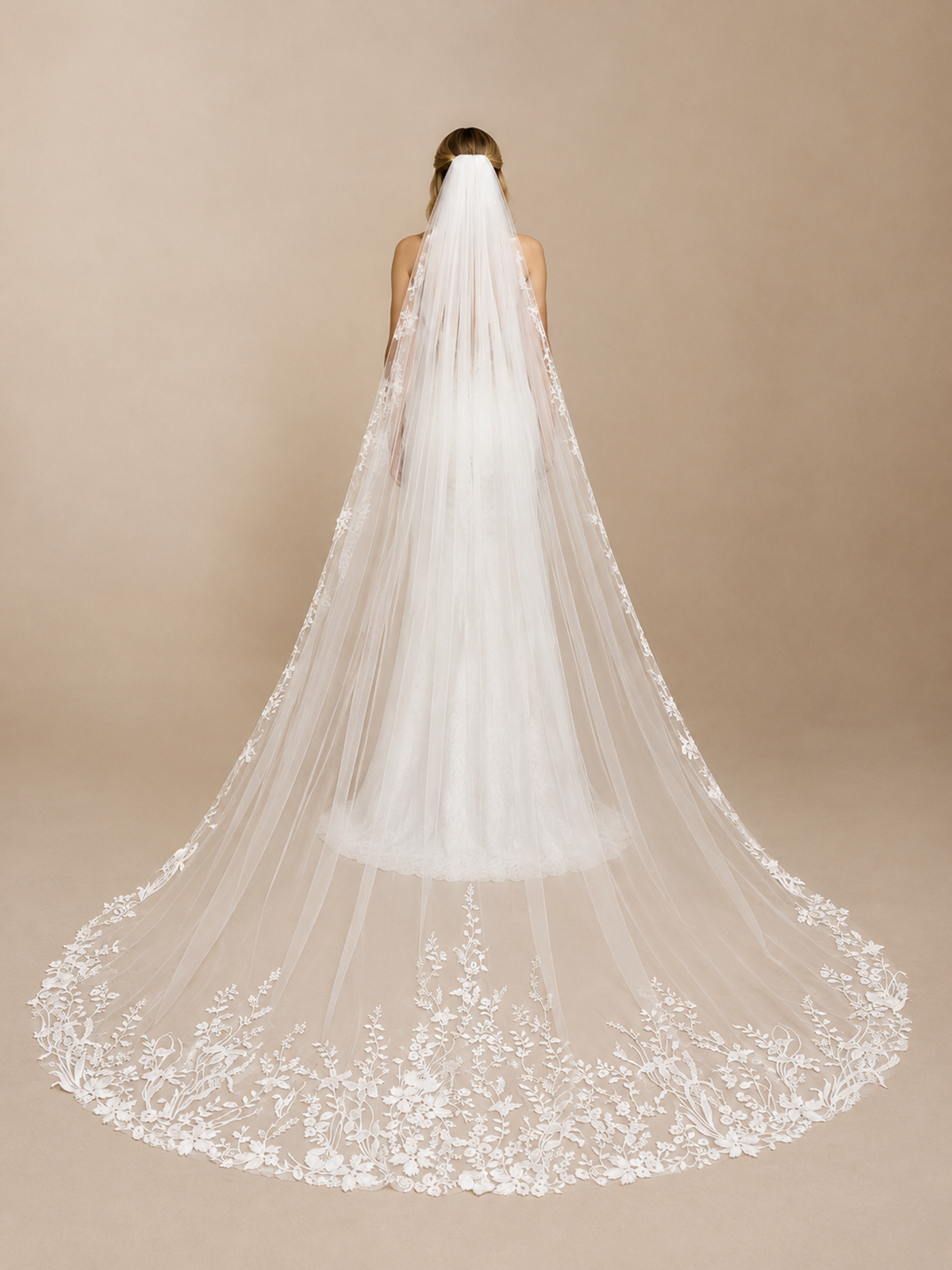 BOLODOO Ivory Floral Lace Cathedral-Length Bridal Veil 