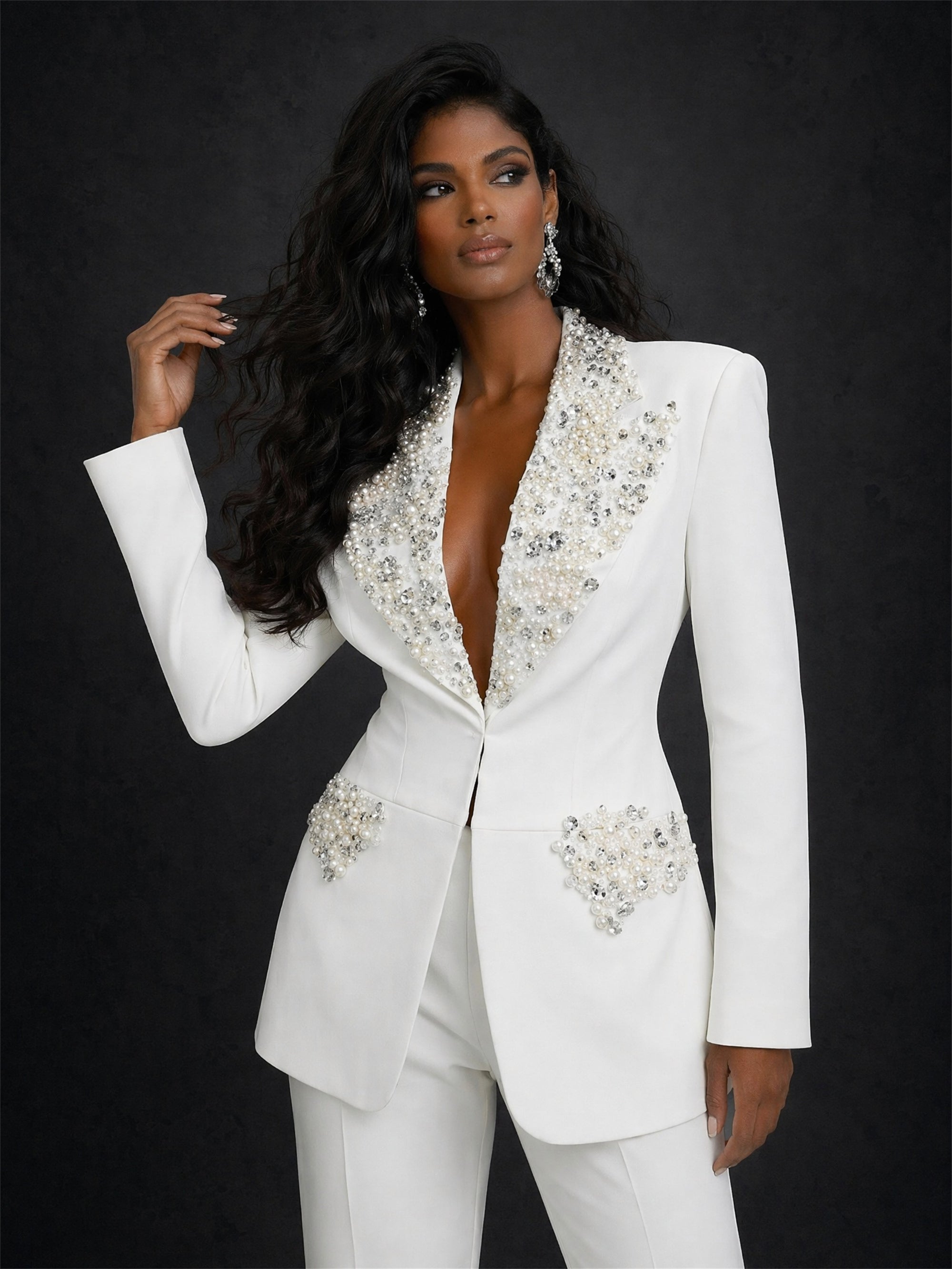 BOLODOO White Pearl Rhinestone Floral Blazer Wide-Leg Pants Suit - Front Full Length Standing View