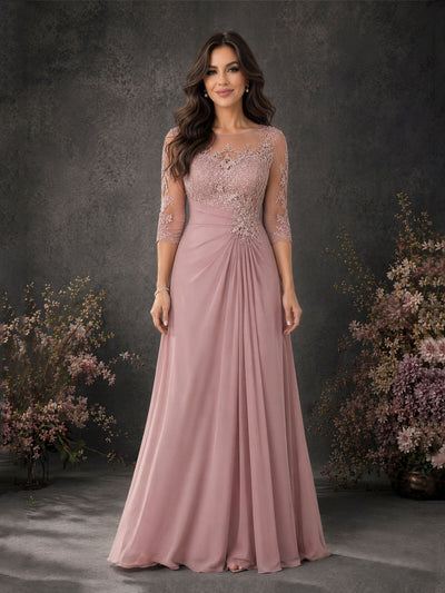 BOLODOO Dusty Rose Chiffon Lace Illusion Neckline Formal Gown - Front Full Length View
