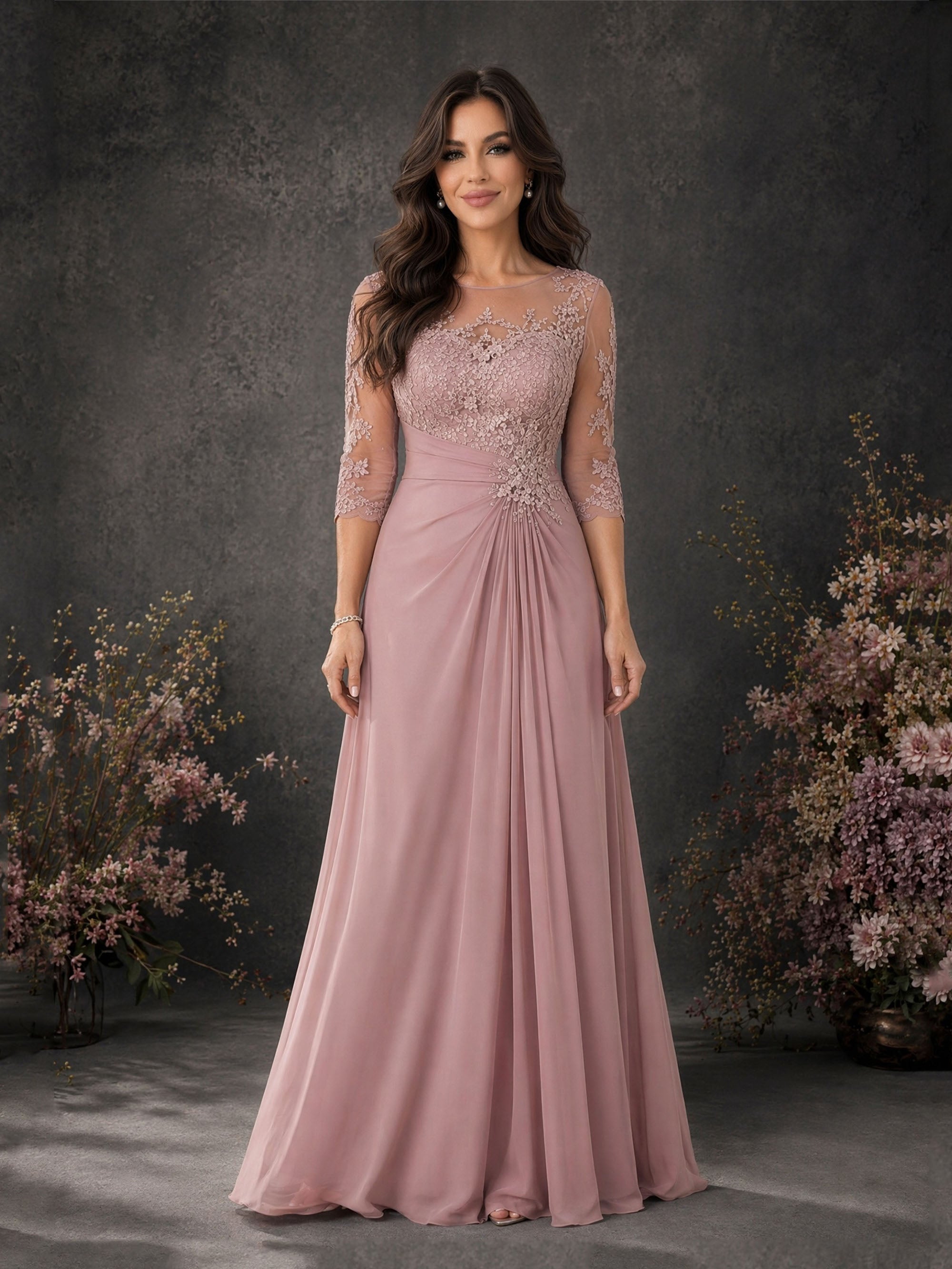 BOLODOO Dusty Rose Chiffon Lace Illusion Neckline Formal Gown - Front Full Length View