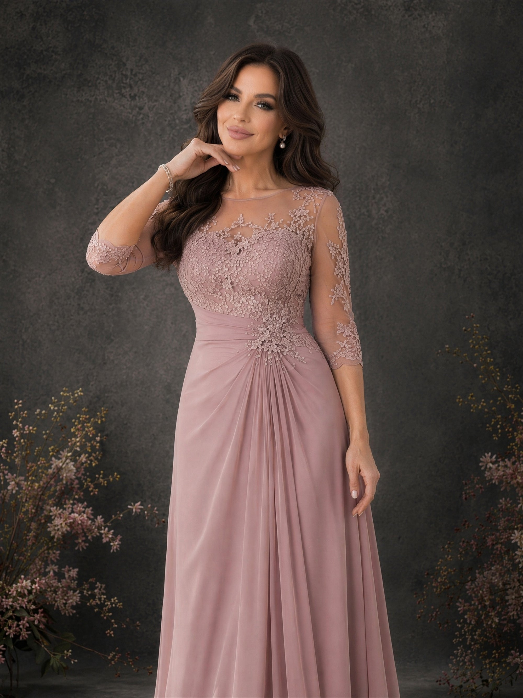 BOLODOO Dusty Rose Chiffon Lace Illusion Neckline Formal Gown - Bodice Detail Close-up