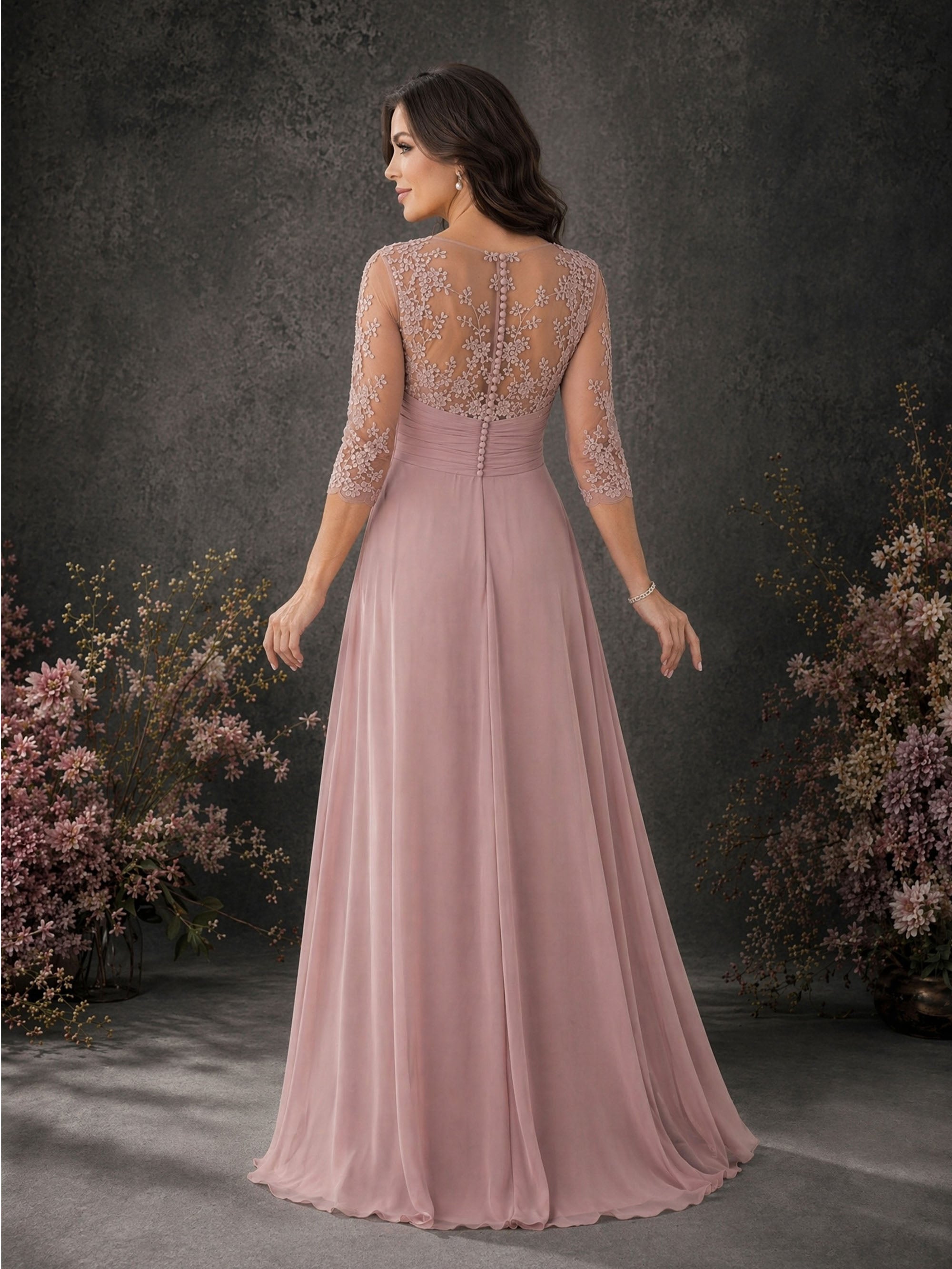 BOLODOO Dusty Rose Chiffon Lace Illusion Neckline Formal Gown - Back View Showing Illusion Lace Back