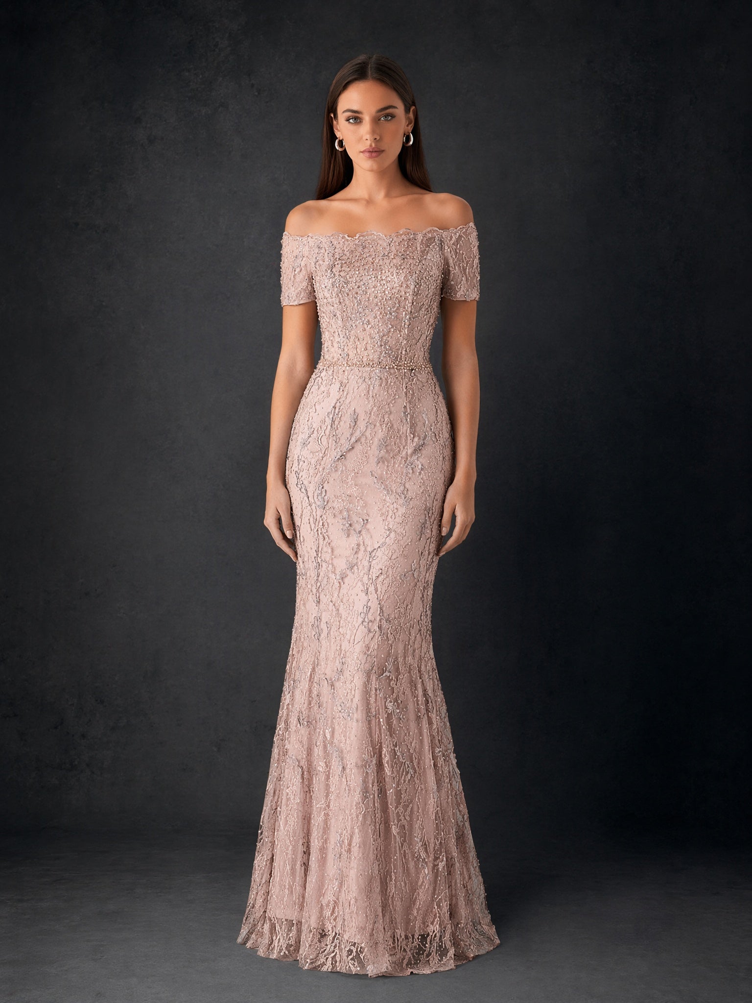 BOLODOO Rose Gold Beaded Lace Off-Shoulder Mermaid Formal Evening Gown with Short Sleeves