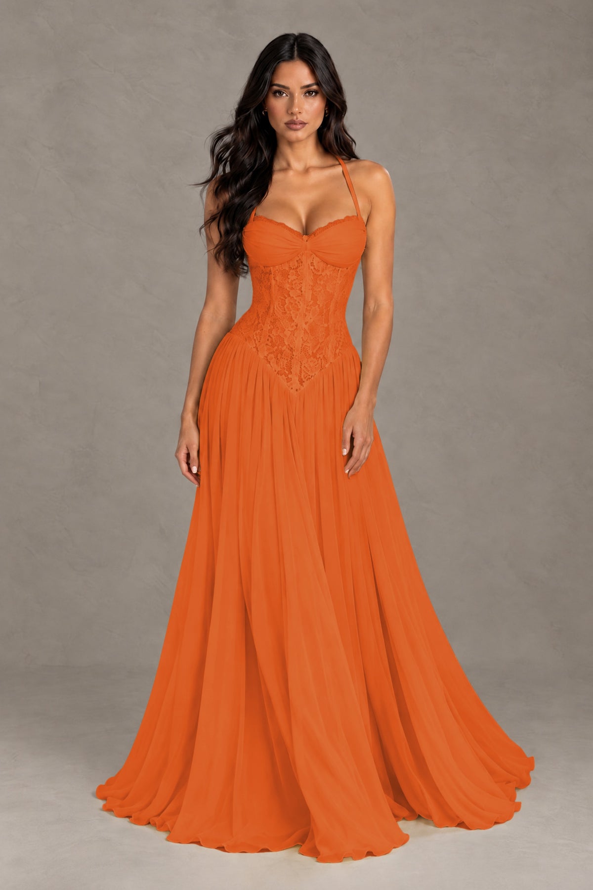 BOLODOO 0range Lace Corset Halter Maxi Gown – Backless A-Line Formal Dress - 0range - 0range(1)