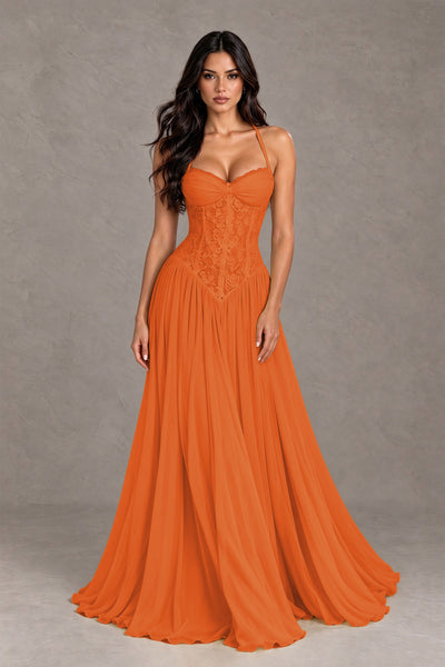 BOLODOO 0range Lace Corset Halter Maxi Gown – Backless A-Line Formal Dress 