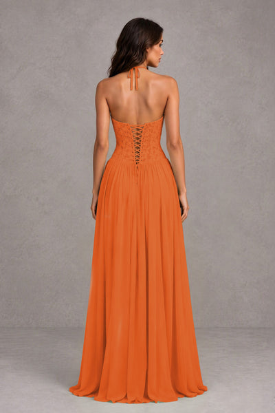 BOLODOO 0range Lace Corset Halter Maxi Gown – Backless A-Line Formal Dress 