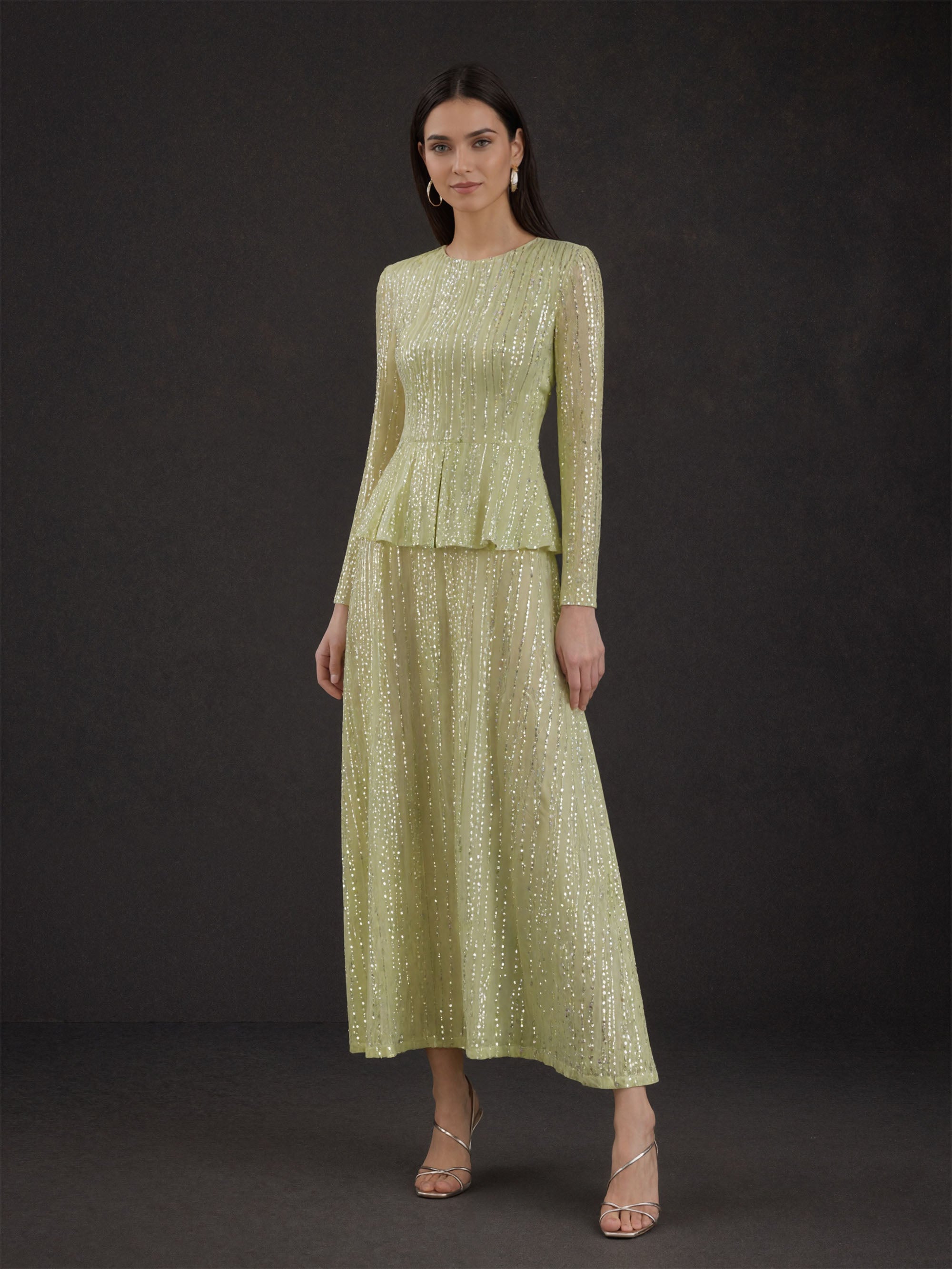BOLODOO Sage Green Sequin Long Sleeve Peplum Maxi Dress - Front Full Length View