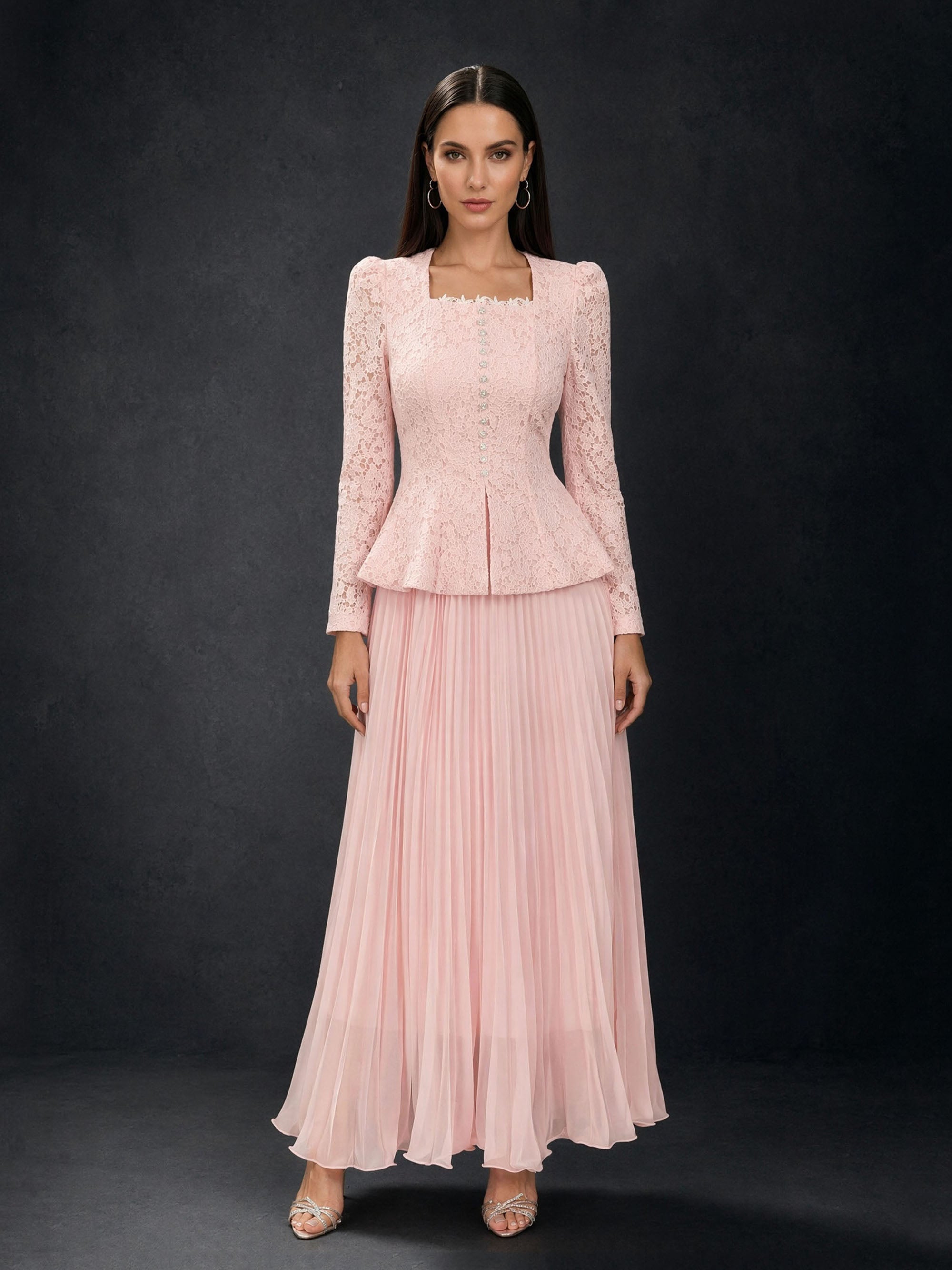 BOLODOO Blush Pink Lace Long Sleeve Peplum Pleated Maxi Dress - Front Full Length View