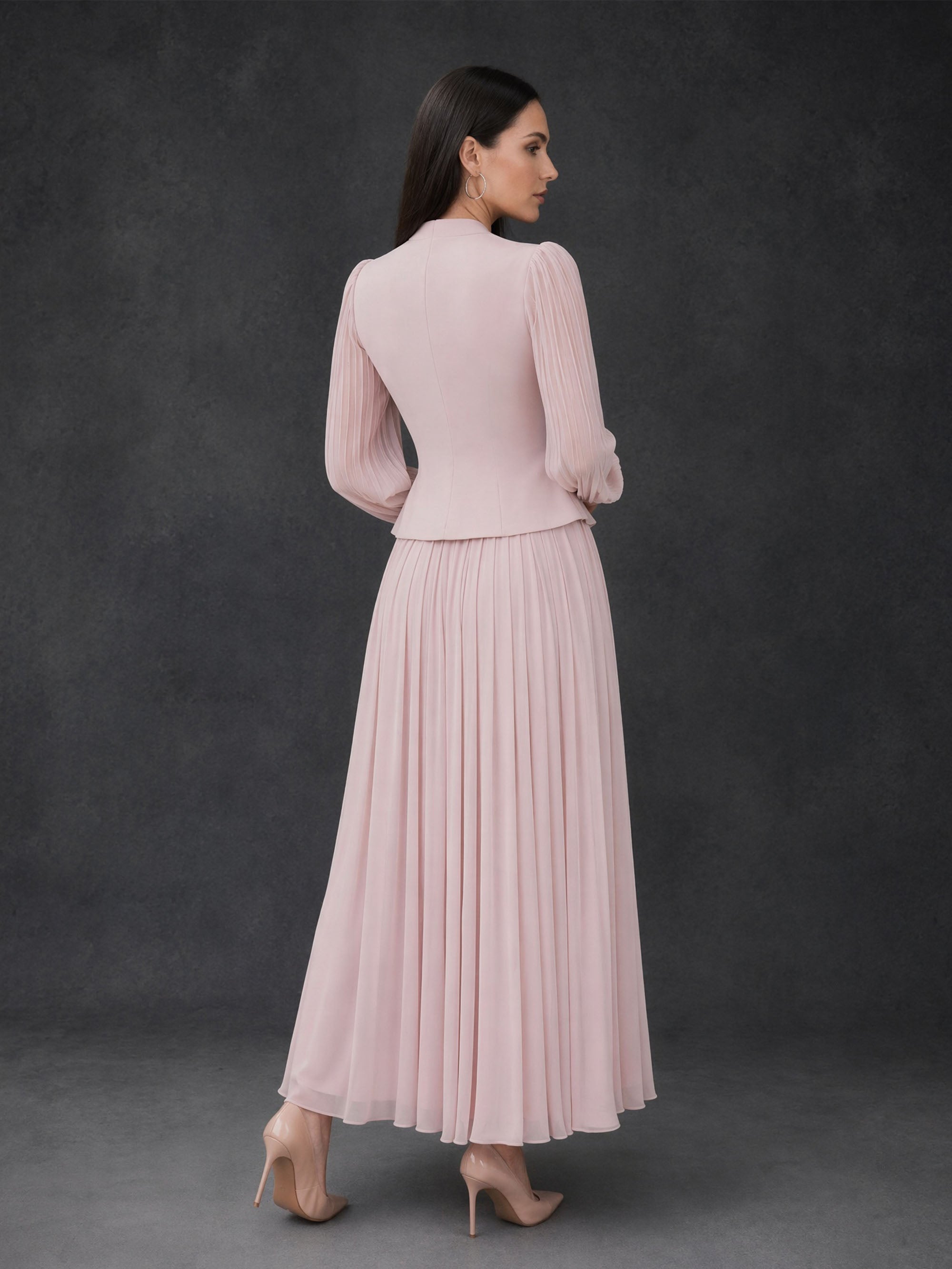 BOLODOO Blush Pink Chiffon Long Sleeve Peplum Pleated Maxi Dress - Back View