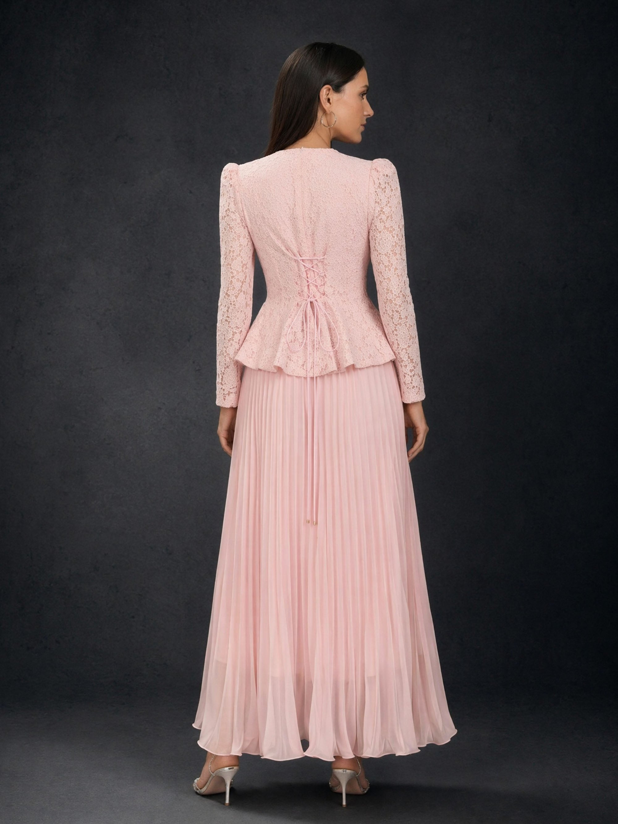 BOLODOO Blush Pink Lace Long Sleeve Peplum Pleated Maxi Dress - Back View showing Lace-Up Ribbon Detail