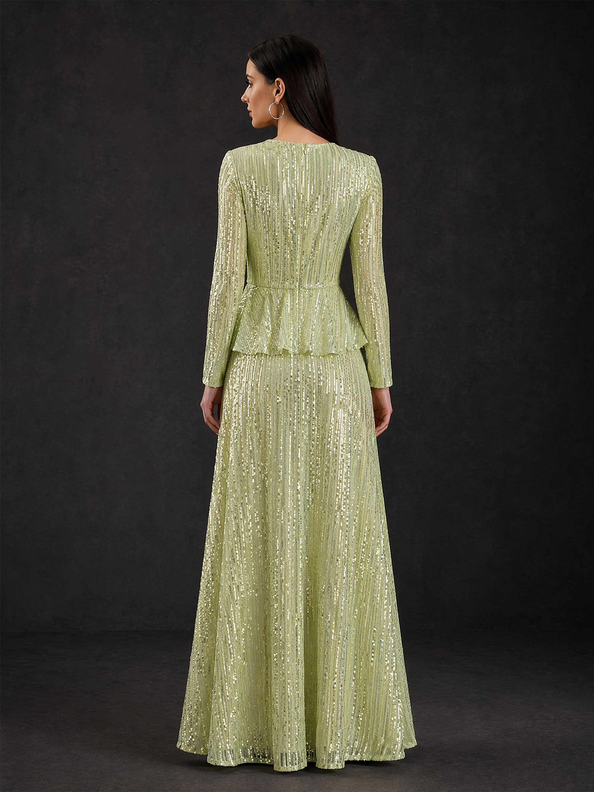 BOLODOO Sage Green Sequin Long Sleeve Peplum Maxi Dress - Back View