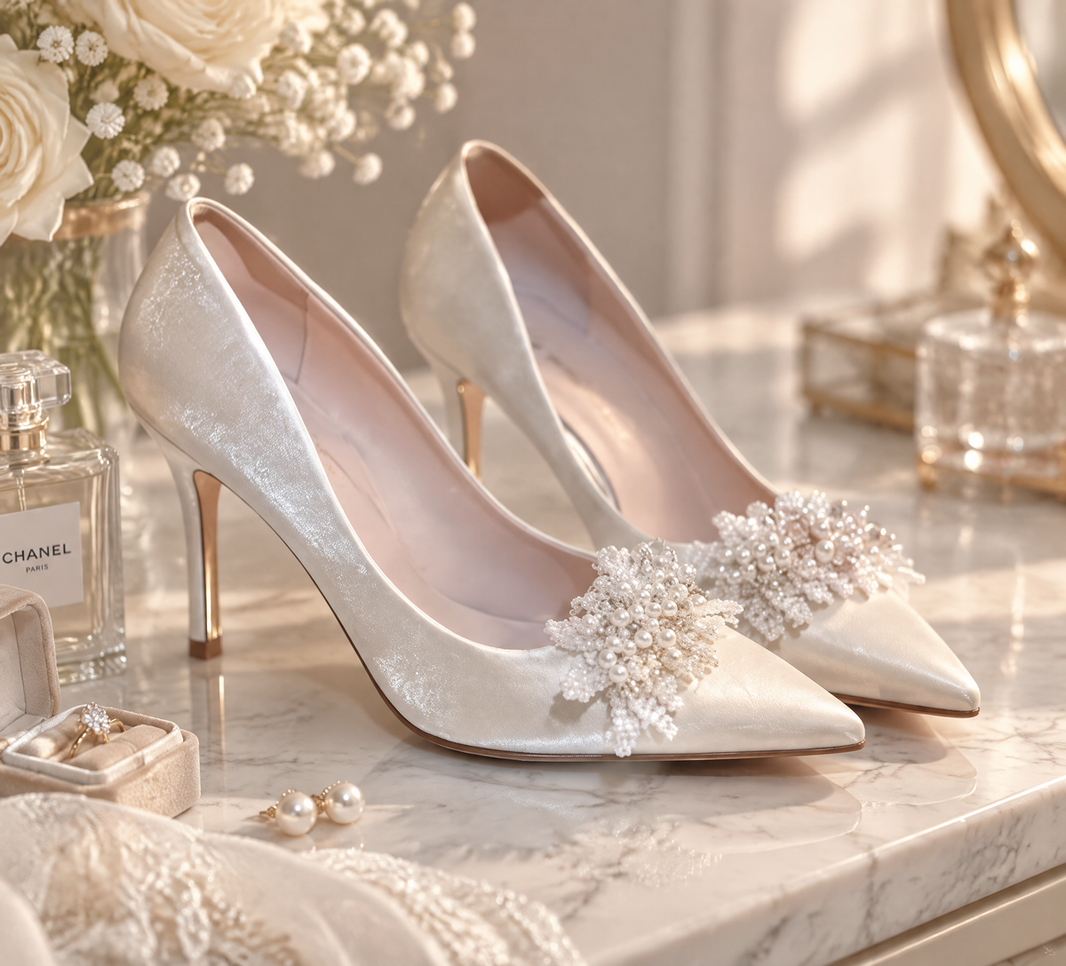 White pearl-effect floral wedding pumps with gold-tone heels displayed on a bridal dressing table