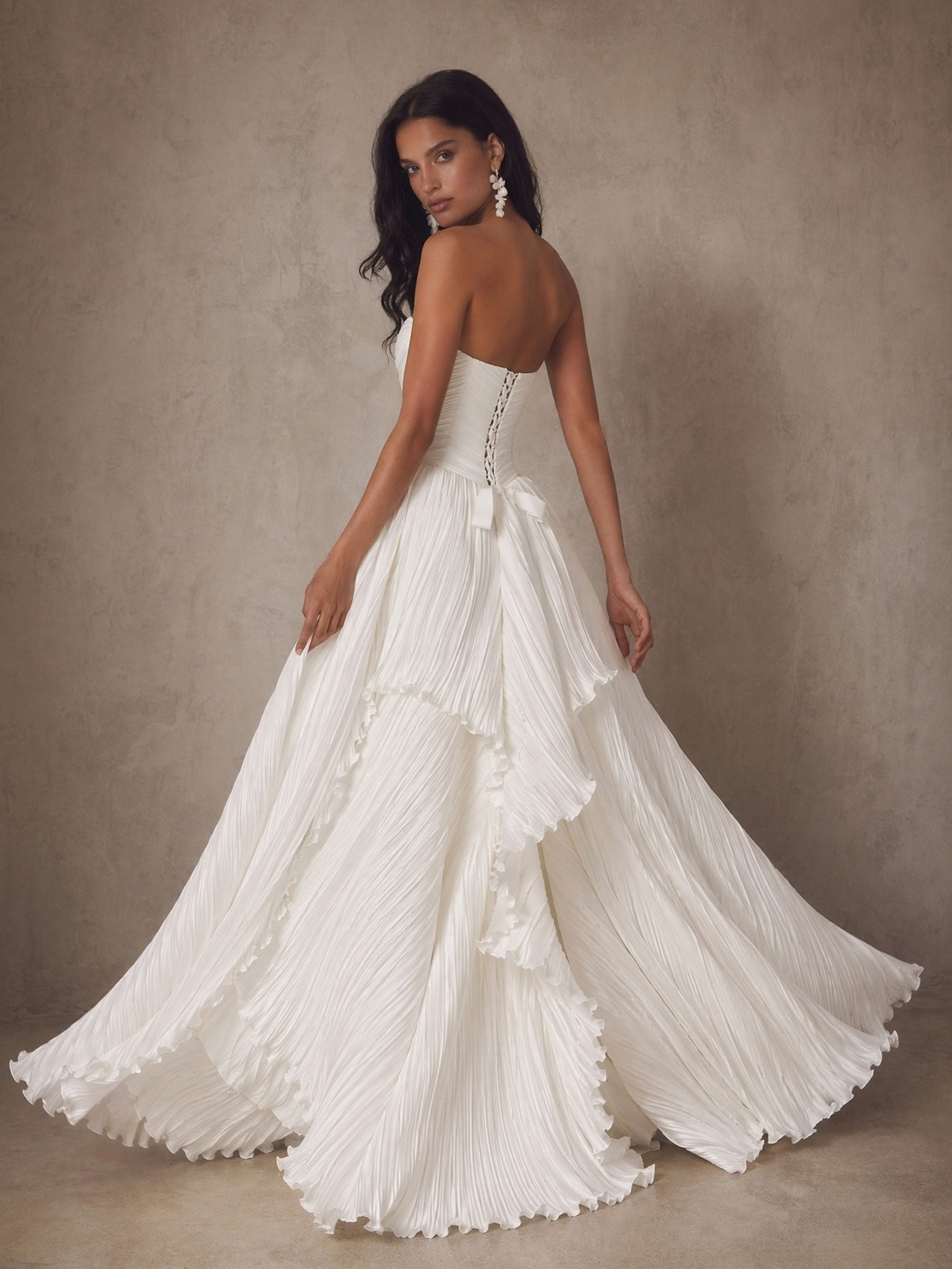 BOLODOO Ivory Crinkle Pleated Chiffon Sweetheart Corset Ball Gown Wedding Dress - Back View Showing Lace-Up Open Back and Floor-Length Train