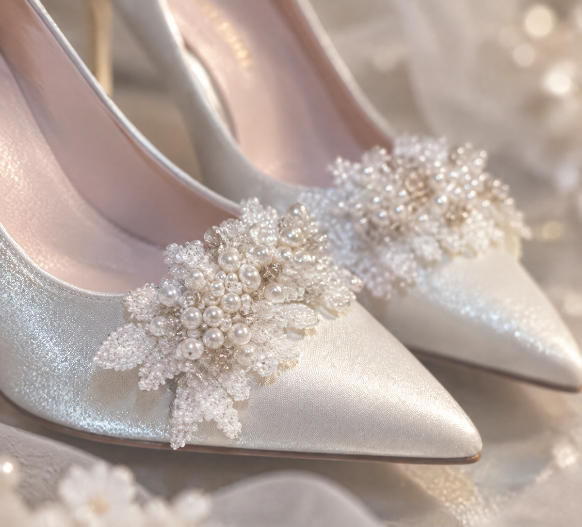 Close-up of pearl-effect beads and floral leaf embellishments on white pointed-toe bridal pumps
