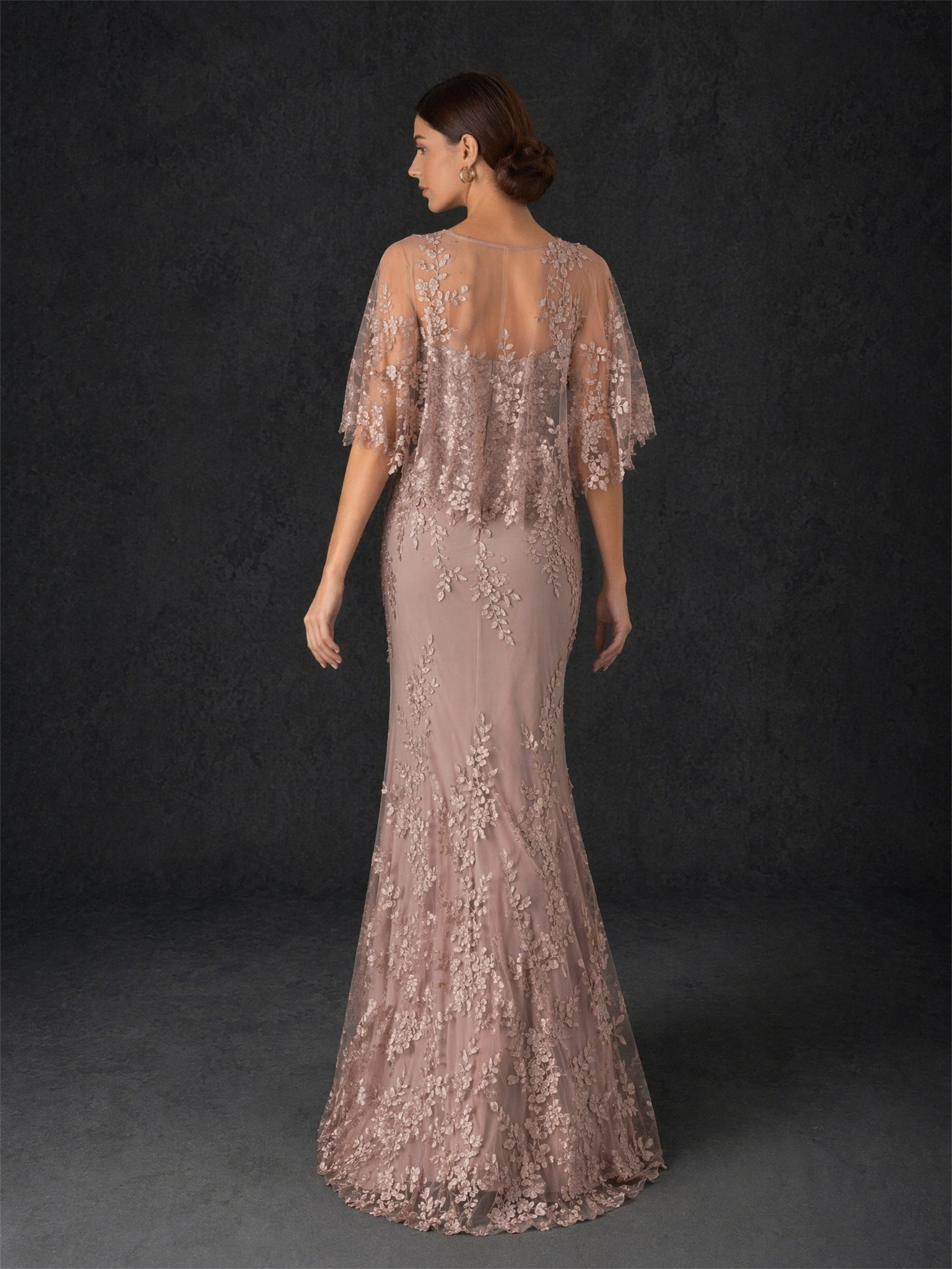 BOLODOO mocha rose botanical lace flutter sleeve mermaid gown - front full body view showing illusion scoop neck, flutter cape sleeves and fitted sheath silhouette
