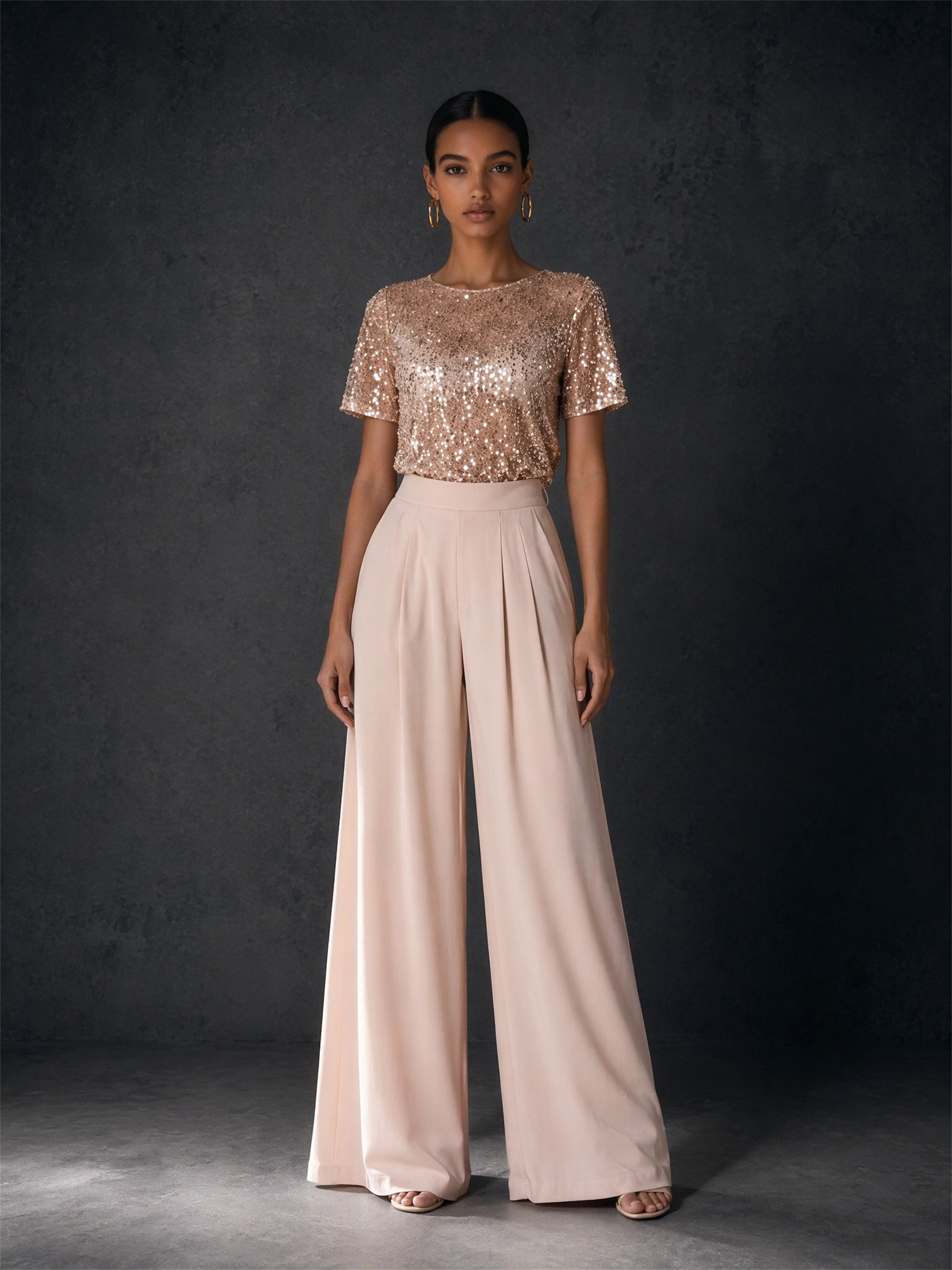 BOLODOO rose gold sequin top blush wide leg pants two-piece set - front full length standard pose