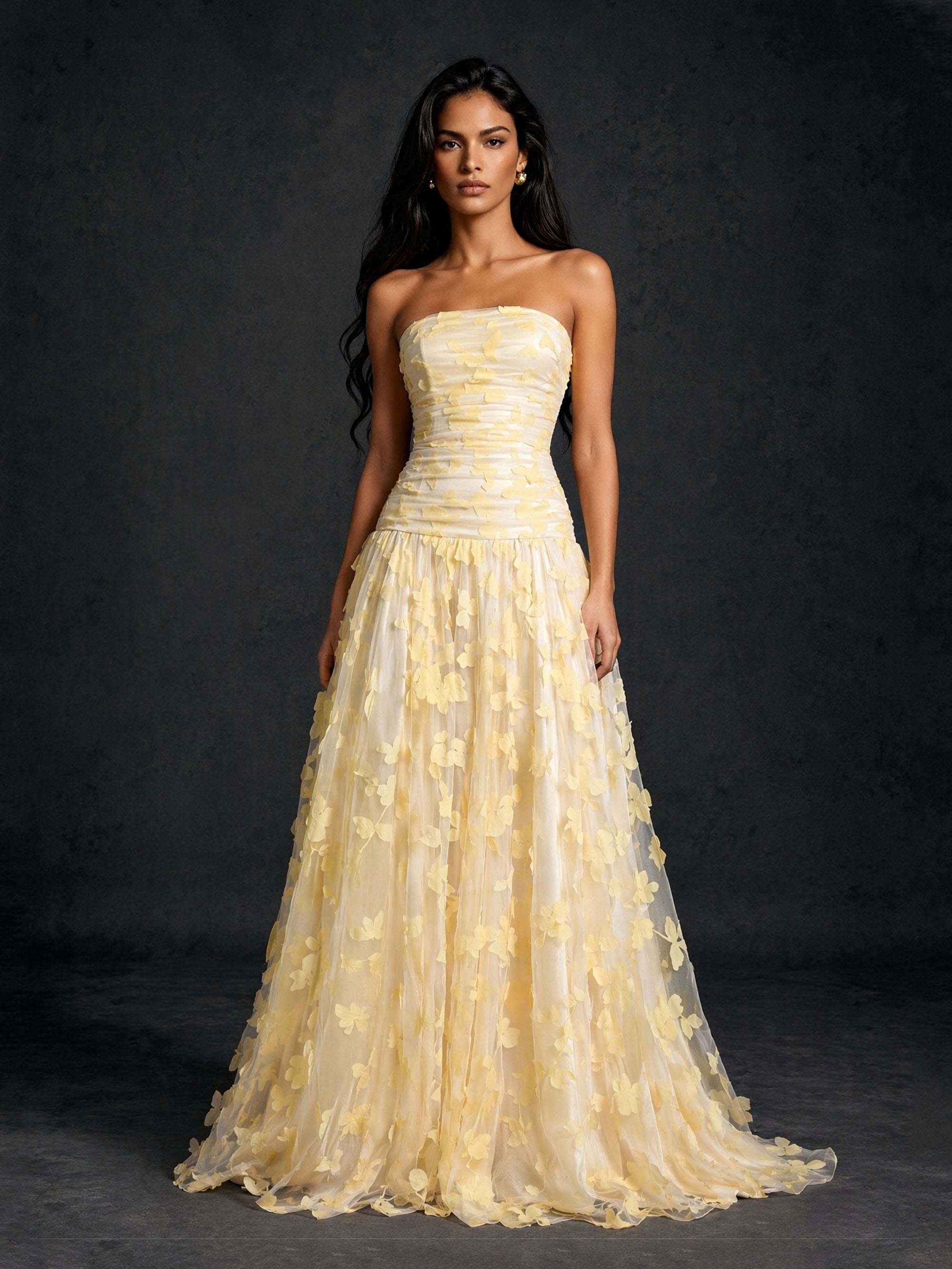 BOLODOO Lemon Yellow 3D Floral Strapless Corset A-Line Maxi Dress - Front Upper Body Close Up showing 3D Floral Detail