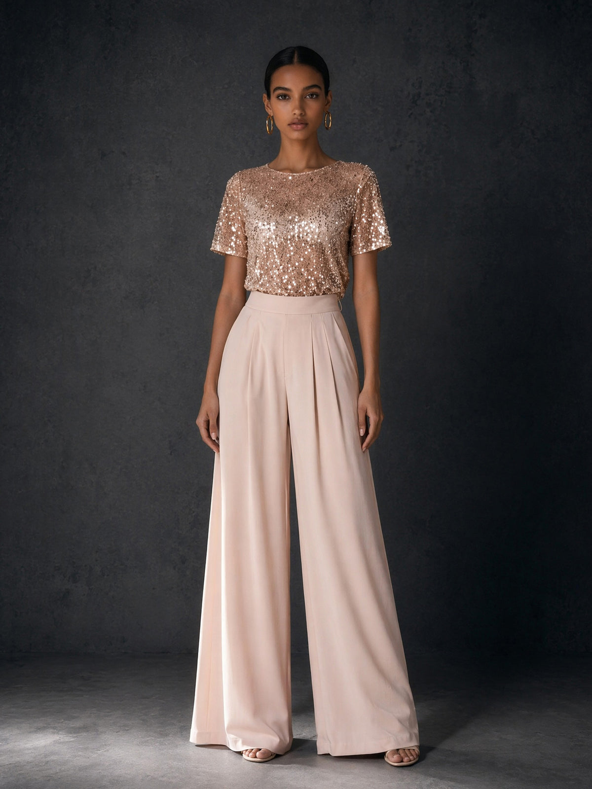 BOLODOO Rose Gold Sequin Top & Blush Wide Leg Pants Two-Piece Set – Short Sleeve Formal Evening Outfit